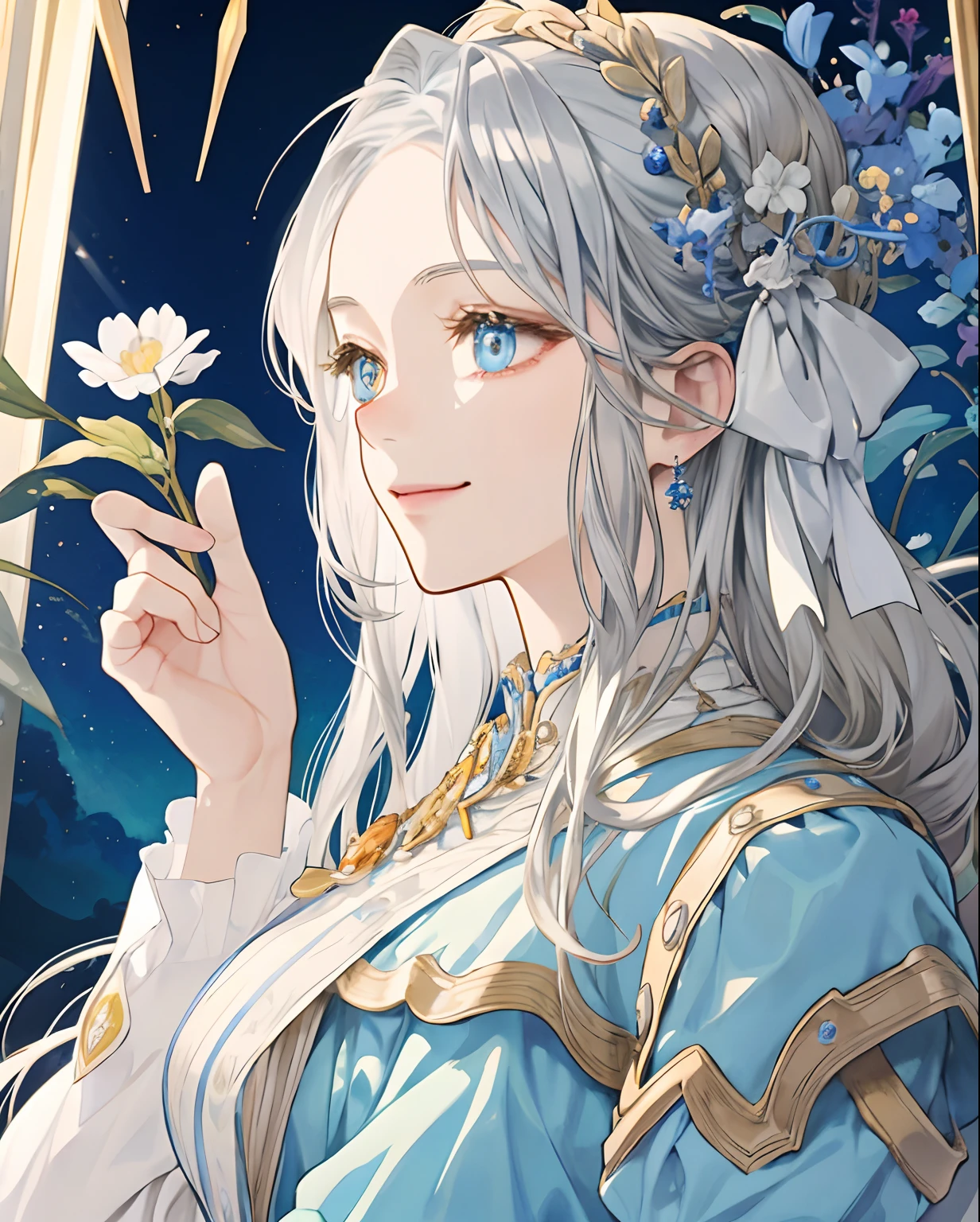 hiquality, super detaill, Detailing emotions, Hand detailing, Face detailing, tmasterpiece, Old Anime Style, cold colors, One girl with silver blonde hair and amber eyes in beautiful blue baroque clothes stands and smiles melancholy;;; melancholy,