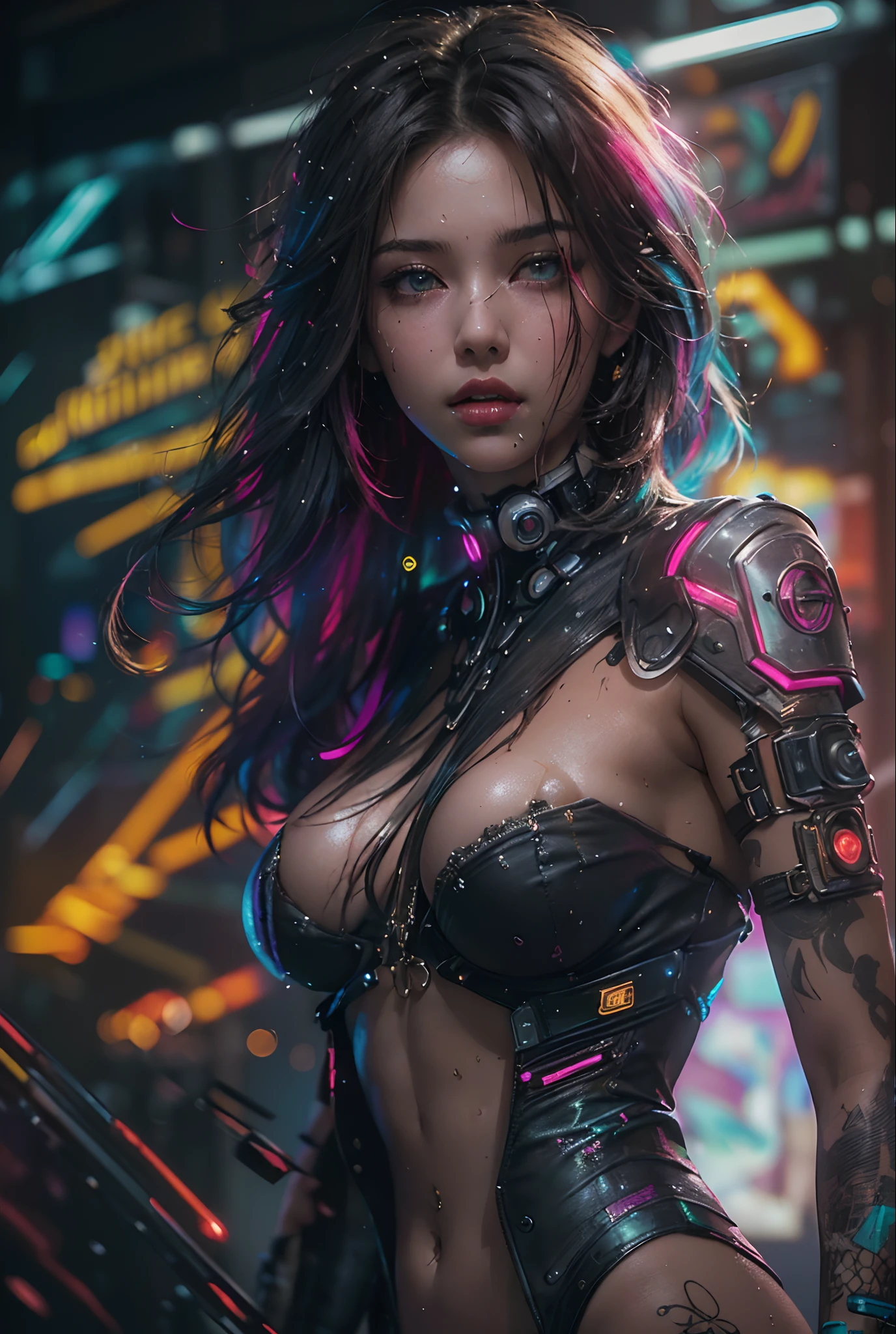 ((masterpiece))((highest quality))((27 year old girl,shoulder length highlight hair ))head to knee portrait ((she's seductively standing alluringly sexual revealing herself through opening her outfit. Partially exposed breast naked. )). ((Background is a Highly detailed cyberpunk club with multicolor LED lights. Graffiti .Luminous.))4k. Highly intricate details. Cinematic. Highly Reflective wet sidewalk.