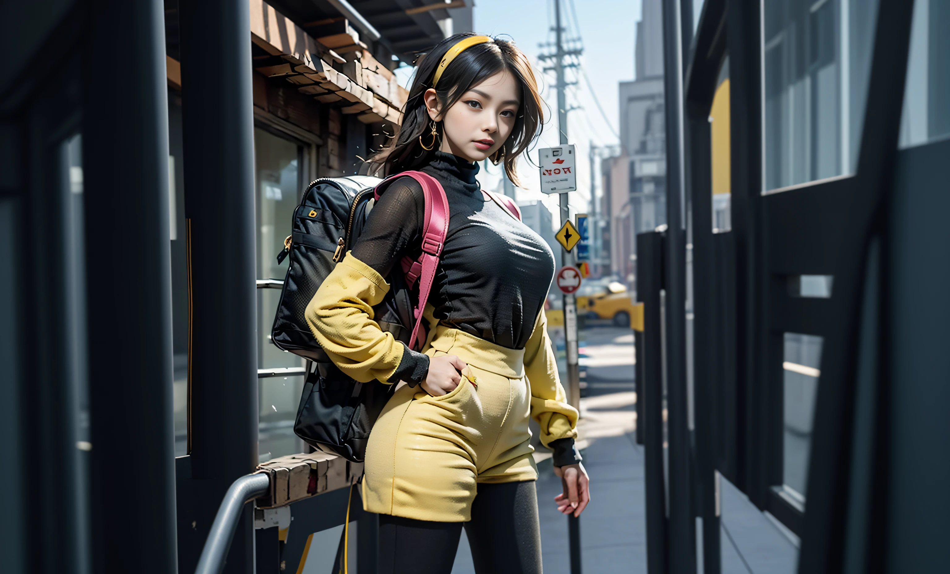 best quality, highres, solo, black hair, a female character is wearing a yellow and black colored outfit with a backpack and a yellow vest, dark black and yellow travel & sports leisure, blue eyes, long hair, hoop earrings, headphones, chunky cuban link jewelry, medium breasts, loose and fluid, pigeoncore, elaborate costumes, neo-dadaist, street, mechanized precision, in the style of mecha sci-fi anime