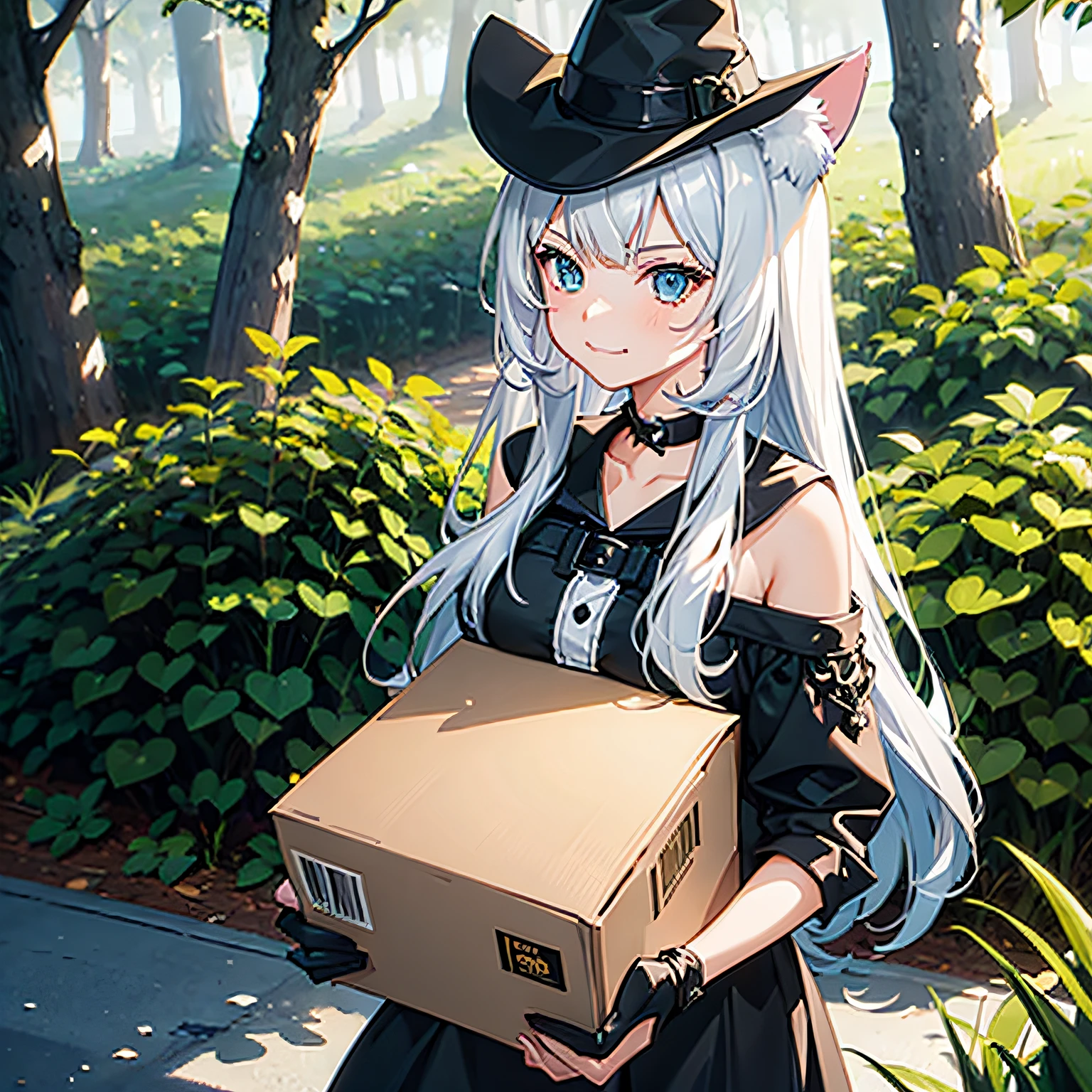 1 girl, cat ears, pointy hat, forest background, carrying large box, smug face,