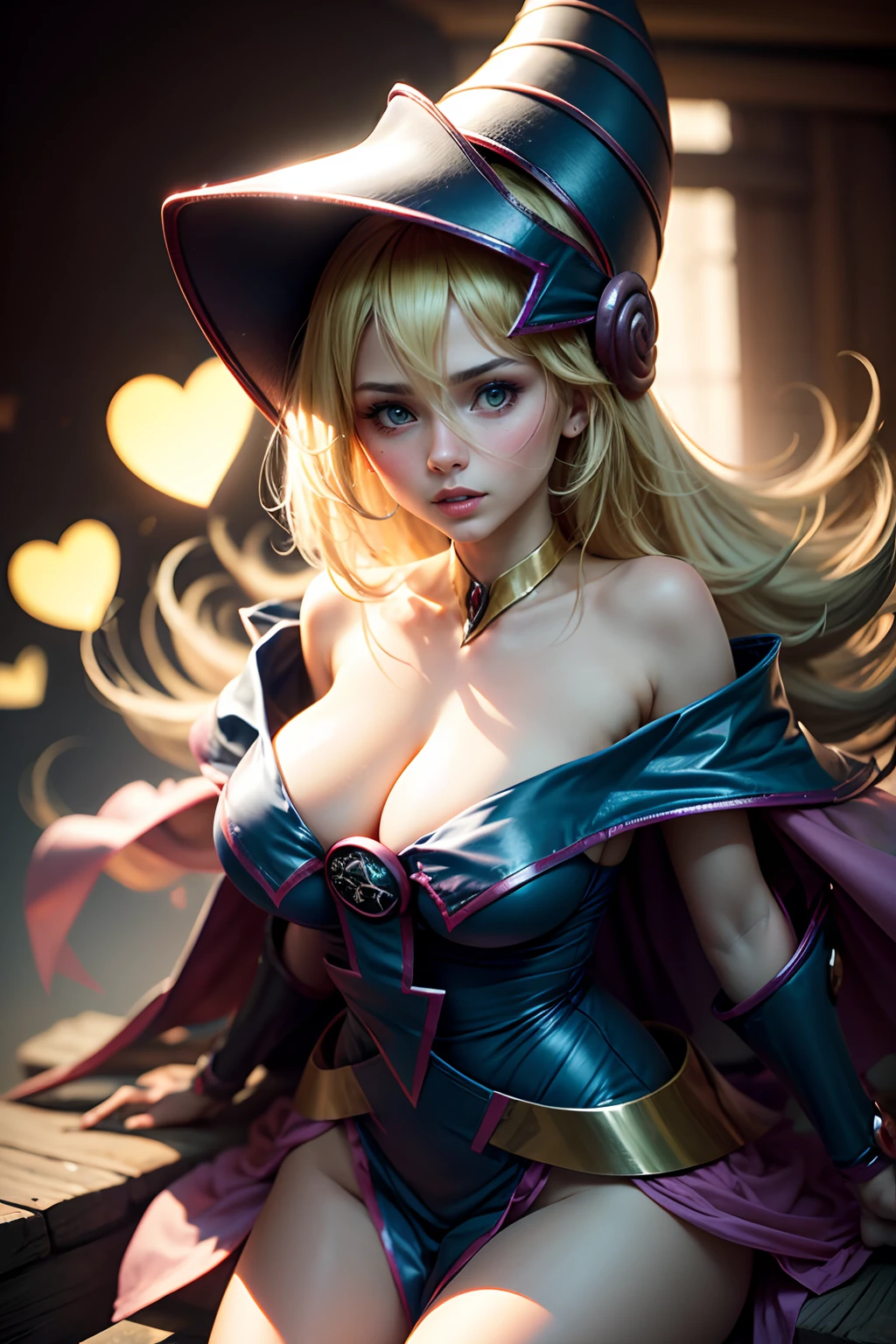 (obra maestra:1.2), (La mejor calidad:1.2), Perfect lighting, Chica Maga Oscura lanzando un hechizo, In his twenties, flotando en el aire, tetas grandes visibls, escote transparente, blue robe, sombrero grande, desde arriba, Destellos, Yugioh juego, The magic of the heart. LIGHTS OF THE HEART, Romantic heart. Apocalipsis