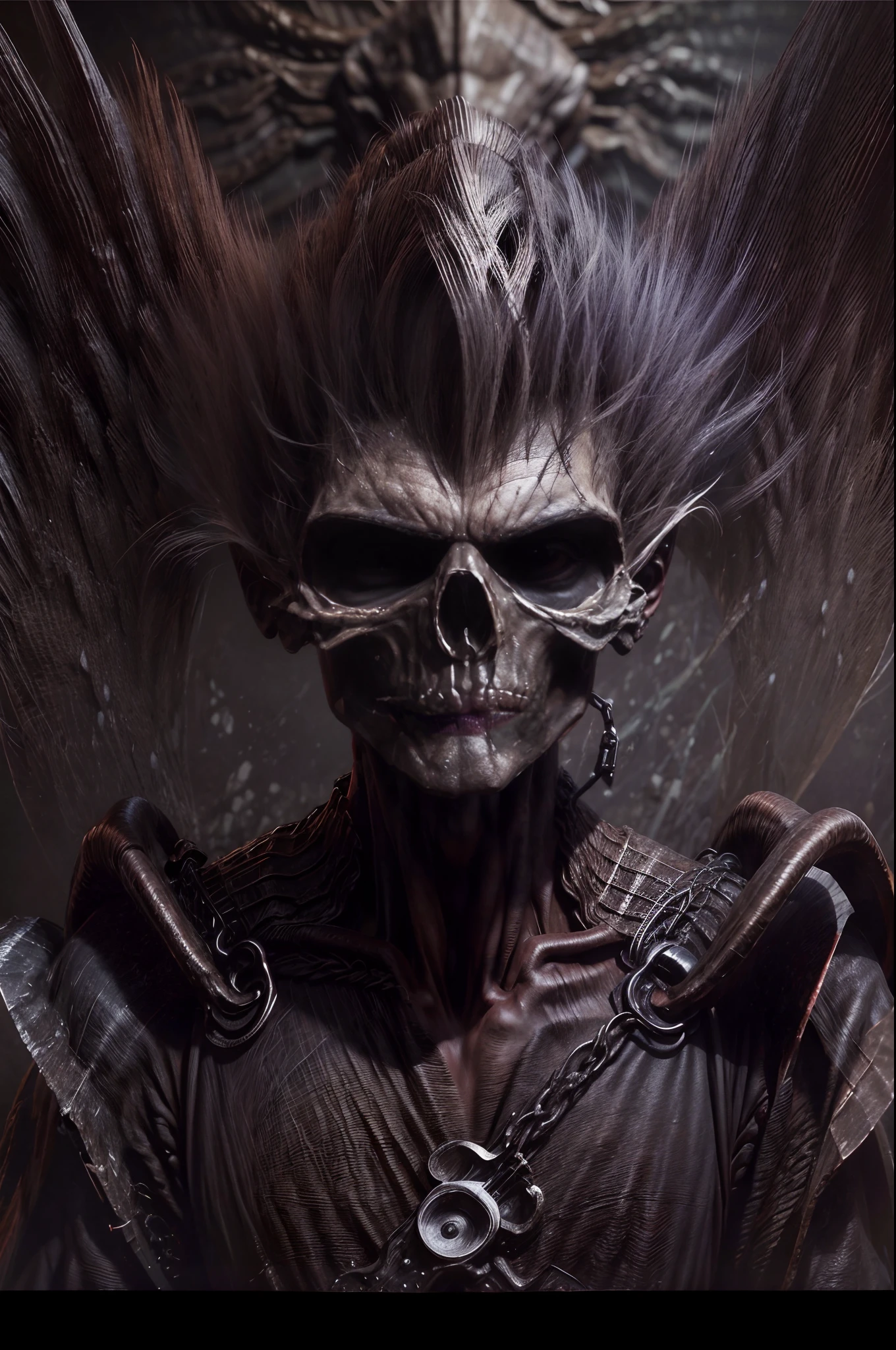 This is an artwork for a metal band's music album, this is a portrait of an angel of death who uses ju, this artwork is draw with comic art style