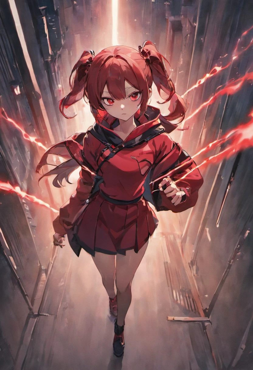 anime, cyberpunk female with high tied black ponytail and red headband holding a katana with electricity traveling along the blade, handgun in other hand, black short skirt with thigh high boots and stockings, leather jacket with white t-shirt under, dog tags on neck, silver piercing on ears and eyebrow, brown eyes, confident