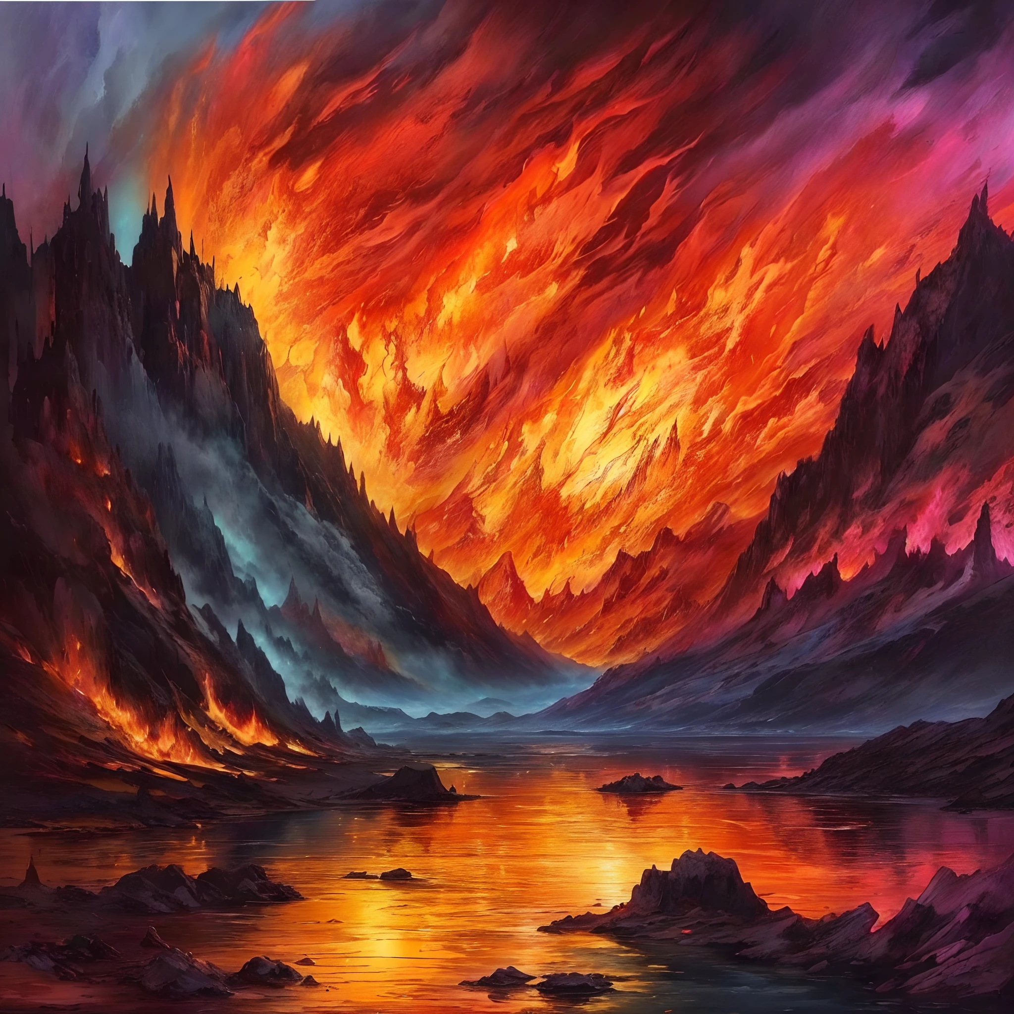 painting of a mountain landscape with a lake and a sunset, on background red lake on fire, epic surrealism 8k oil painting, fantasy oil canvas, fire reflection, dramatic oil painting, fantasy artrealistic painting, flaming mountain, intricate and intense oil paint, epic oil painting, epic fantasy painting, fantasy oil painting, embers adrift in the air