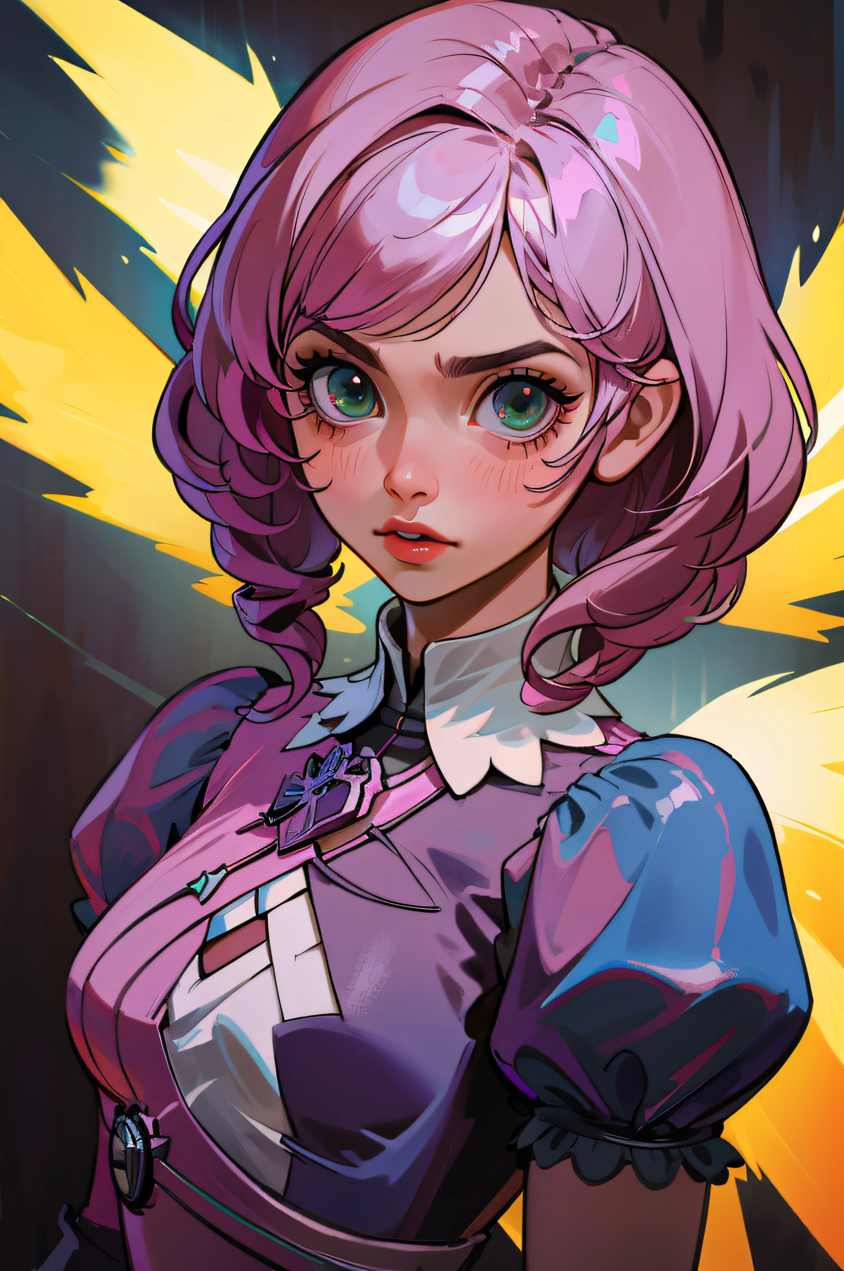 Alisa bosconovitch, melhor qualidade, olhos verdes, cabelo Rosa, cabelo curto, cabelos multicoloridos, camisa preta, mechanical wings, middlebreasts, tekken