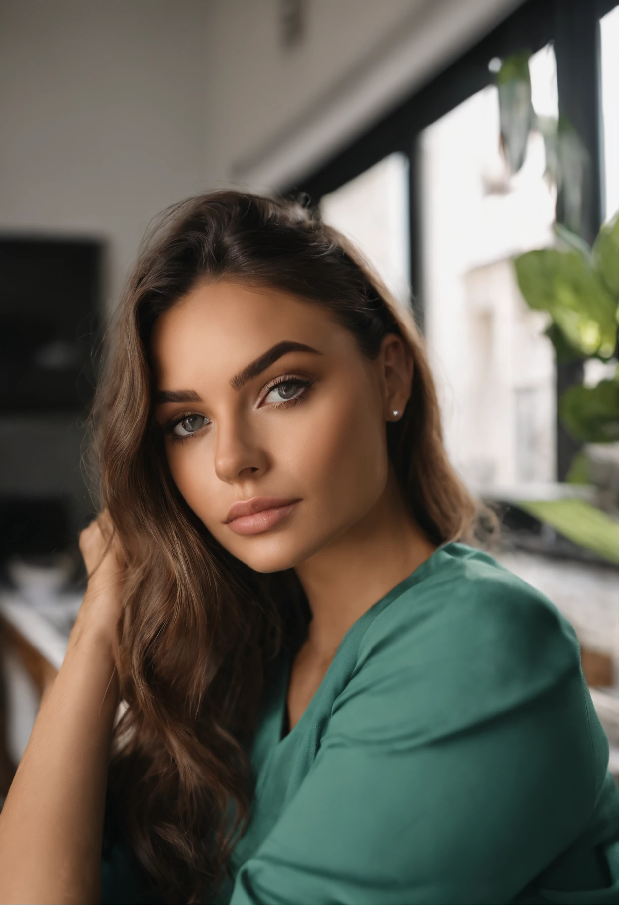 mulher arafed com um colar, seios grandes, sitting on a kitchen counter, cozinha moderna, Bancada branca, menina sexy com olhos verdes, Retrato Sophie Mudd, cabelos castanhos e olhos grandes, selfie de uma jovem mulher, Olhos do quarto, Violeta Myers, sem maquiagem, maquiagem natural, Looking directly at the camera, Rosto com ArtGram, maquiagem sutil, Impressionante tiro de corpo inteiro, olhos verdes penetrantes, beautiful angle, pose atraente, menina bonito, pose sexy, imagem de corpo inteiro, corpo inteiro, Tiro de corpo inteiro, Deusa morena, High detail, Pose satisfeita, usando apenas um bucket hat azul, mediuml breasts, (Rosto bonito e detalhado, belos olhos detalhados), (nu), brilhar, suar, (raio de sol, sunlight), (NSFW:1.5)