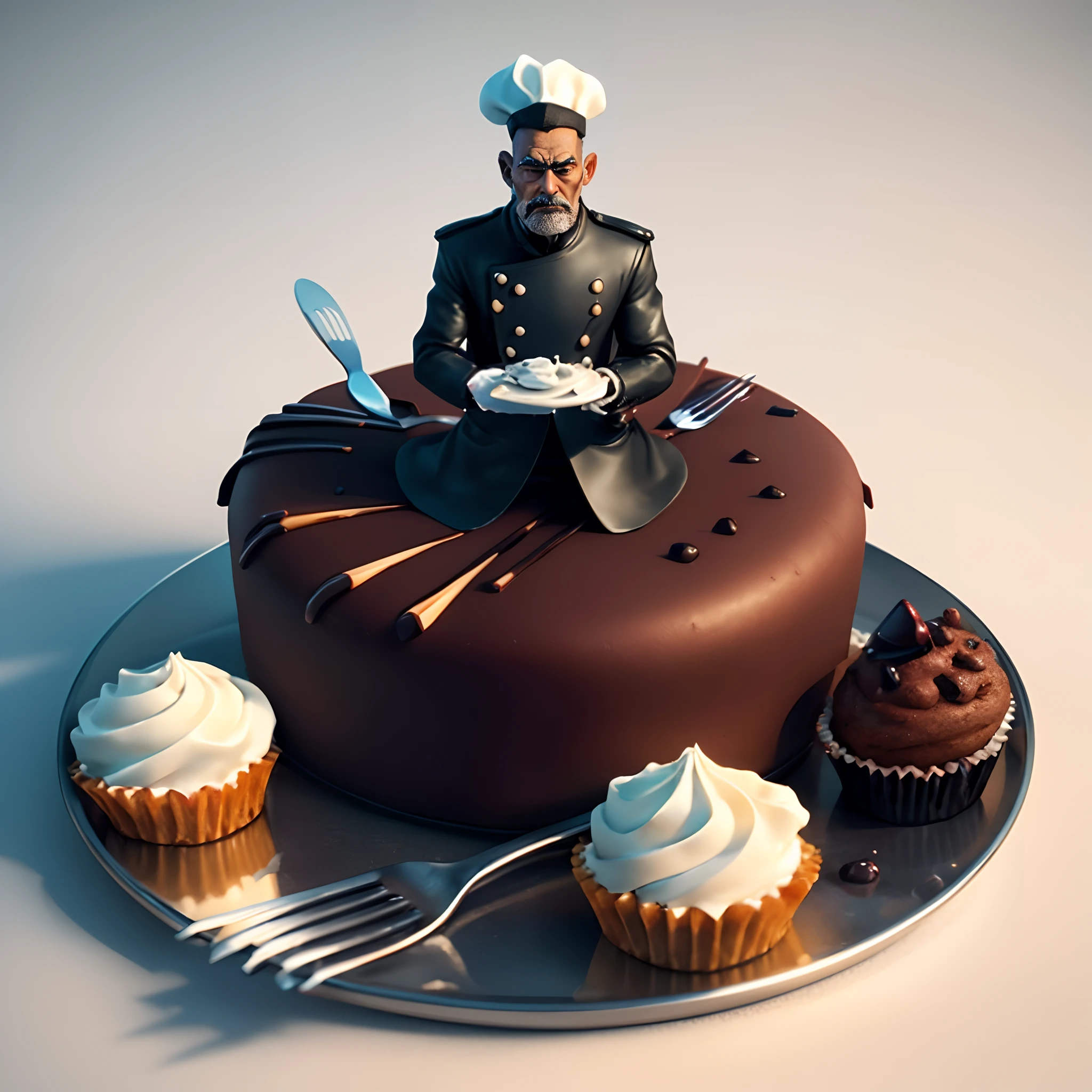 Illustrate me a 3d representation of an old black pastry chef surrounded by his utensils 
High definition, 4k