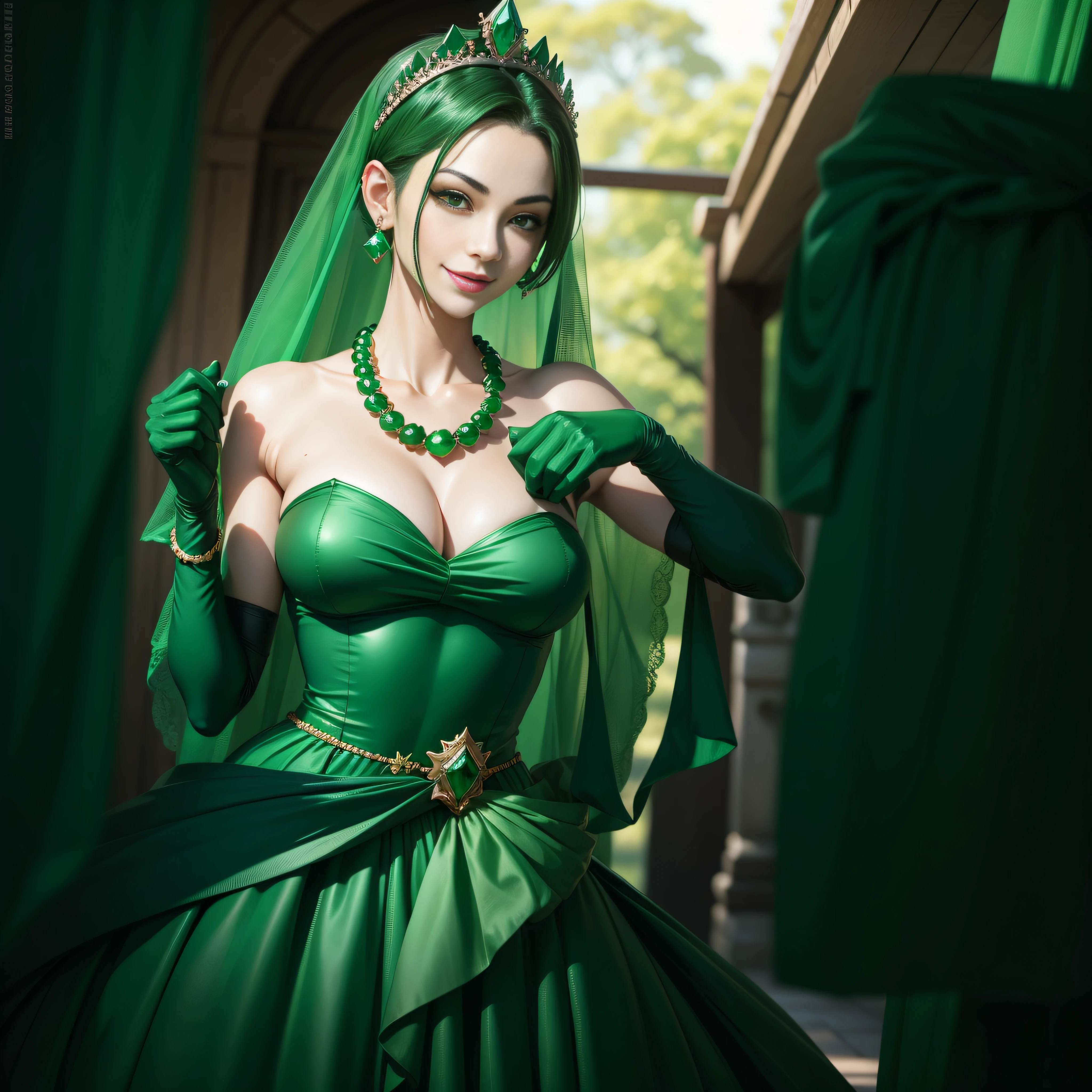 emerald tiara, Green Pearl Necklace, Boyish very short green hair, lipsticks, Japan woman smiling, very short short hair, big breasts beautiful, Green eyes, Long green gloves made of satin material, Green eyes, Emerald Earrings, Green dress, holding swords