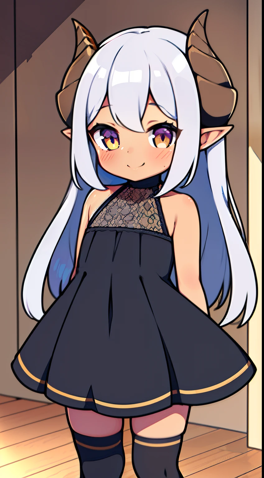 (Original Character,8k, Masterpiece, Best Quality,Detailed, Beautiful Detailed Eyes, solo),((1loli girl,)),((small body)),((tanned skin)),little black dress,white hair,long hair,yellow eyes,elves ears,horns,loli,solo,csmile,(standing in a room in house),shy,blush,cowboy shot,