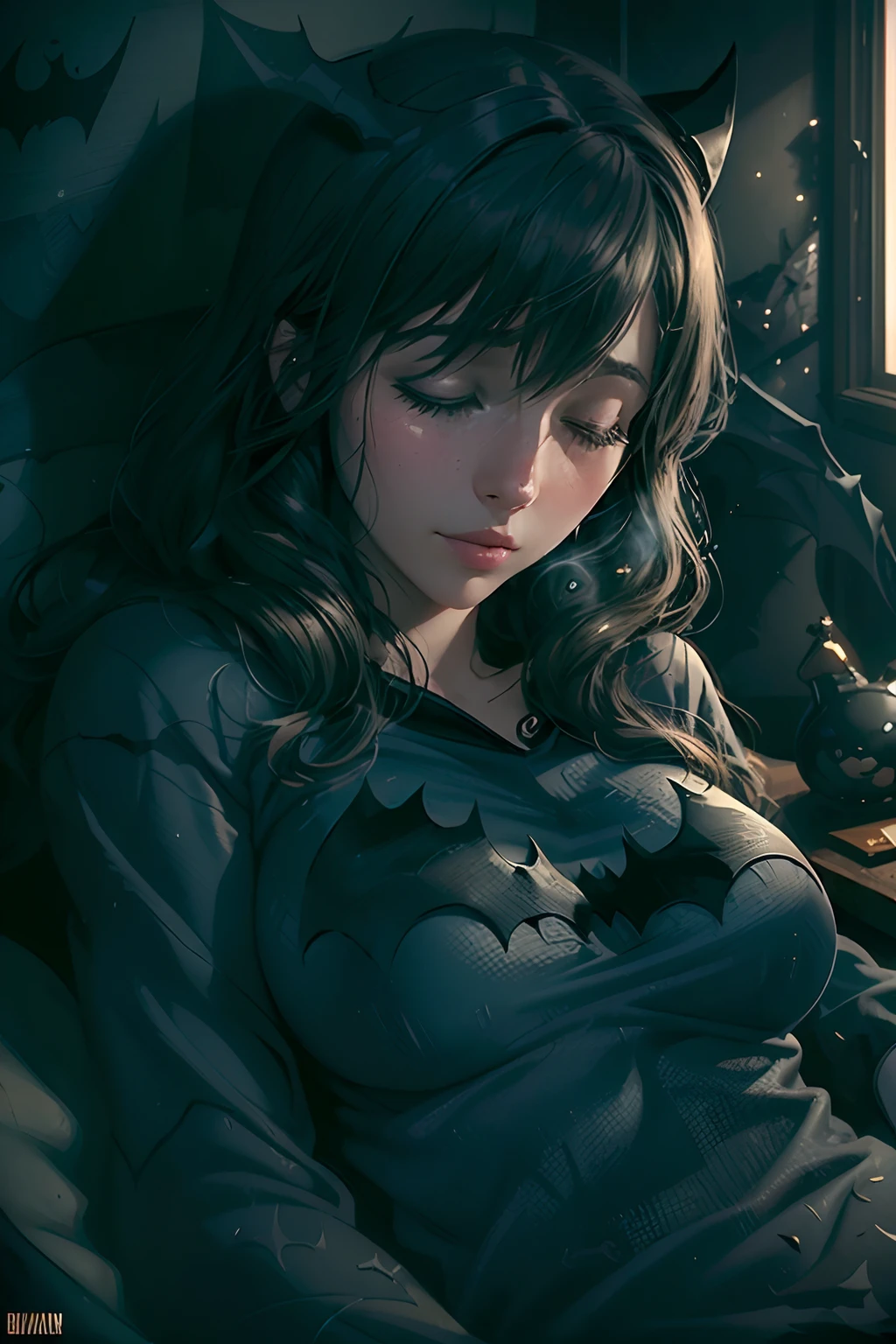 (best quality, realistic:1.37), beautiful young woman sleeping in batman pajamas, detailed sleeping face, dreamy atmosphere, cozy batman bedroom, soft lighting, vibrant colors, stylish batman decor, comic book-inspired artwork, batman logo on the wall, sweet dreams, peaceful ambiance.