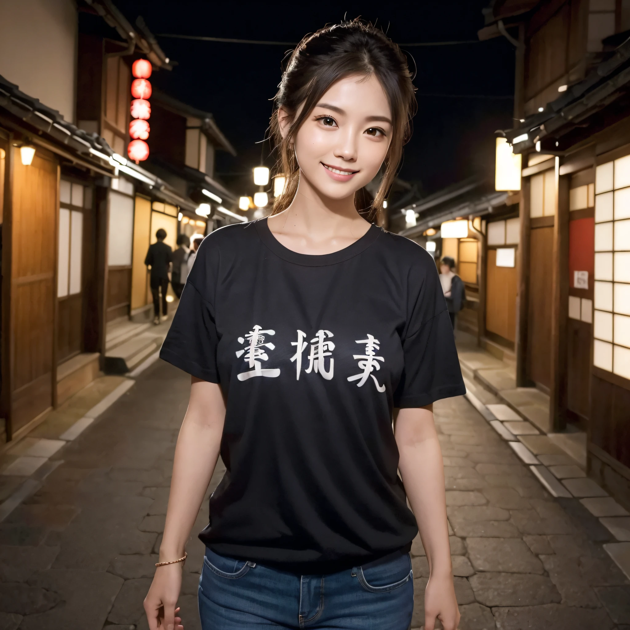 One beauty、((best qualtiy、8k masterpieces:1.3))、foco nítido:1.2、(ultra beautiful faces:1.0)、(shinny skin:1.0)、photos realistic、A dark-haired、Video Lighting、High-definition eyes and face、Video Lighting、25-year-old Japan actress、from the front side、medium breasts、Smile、Slender Abs Beauty、Whole body、Wearing a T-shirt with Japan kanji written on it、In Kyoto at night
