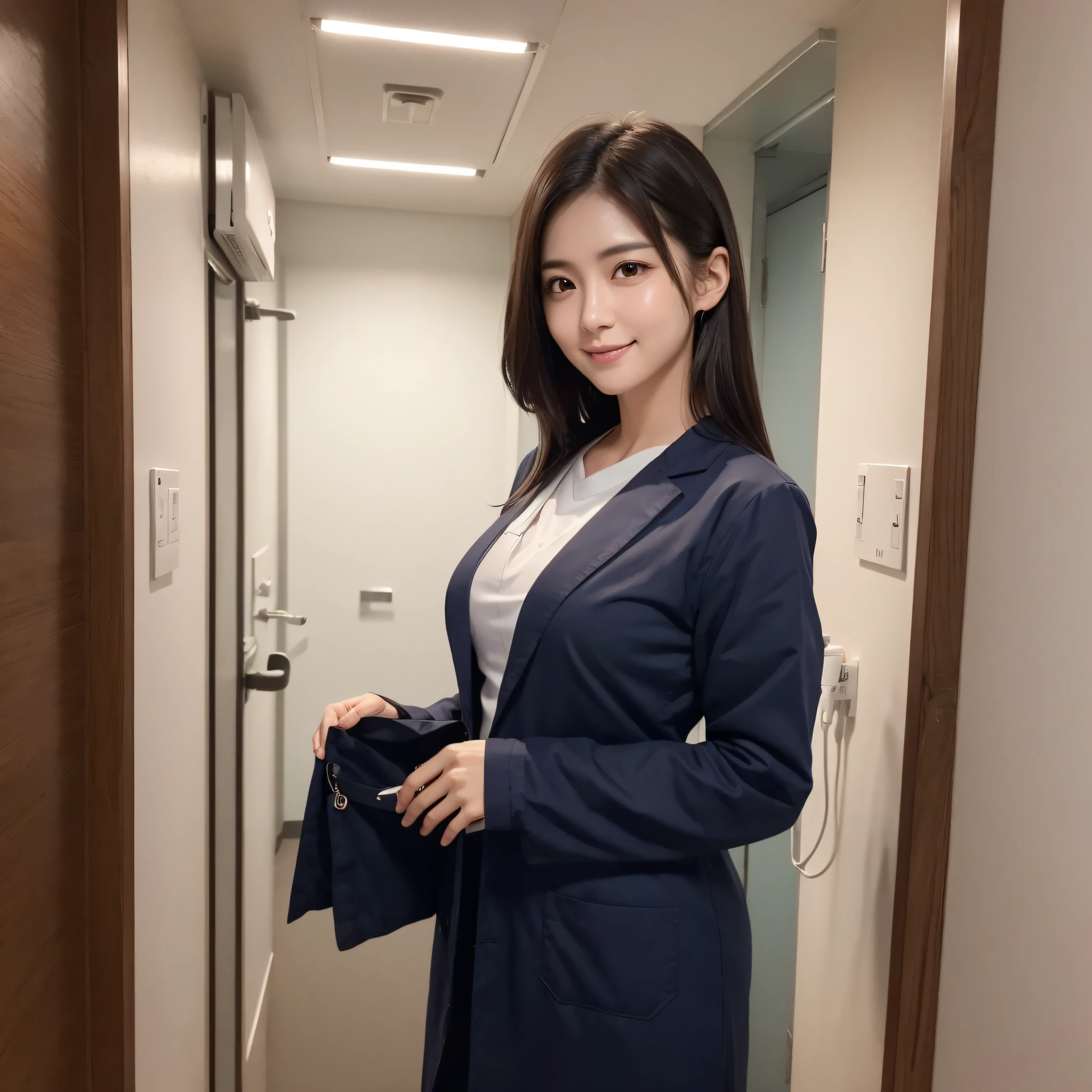 One Nurse Woman、((best qualtiy、8k masterpieces:1.3))、foco nítido:1.2、(ultra beautiful faces:1.0)、(shinny skin:1.0)、photos realistic、A dark-haired、Video Lighting、High-definition eyes and face、Video Lighting、Japan Idol Actress、from the front side、medium breasts、Smile、Slender Abs Beauty、Whole body、Wearing a white coat、at hospital