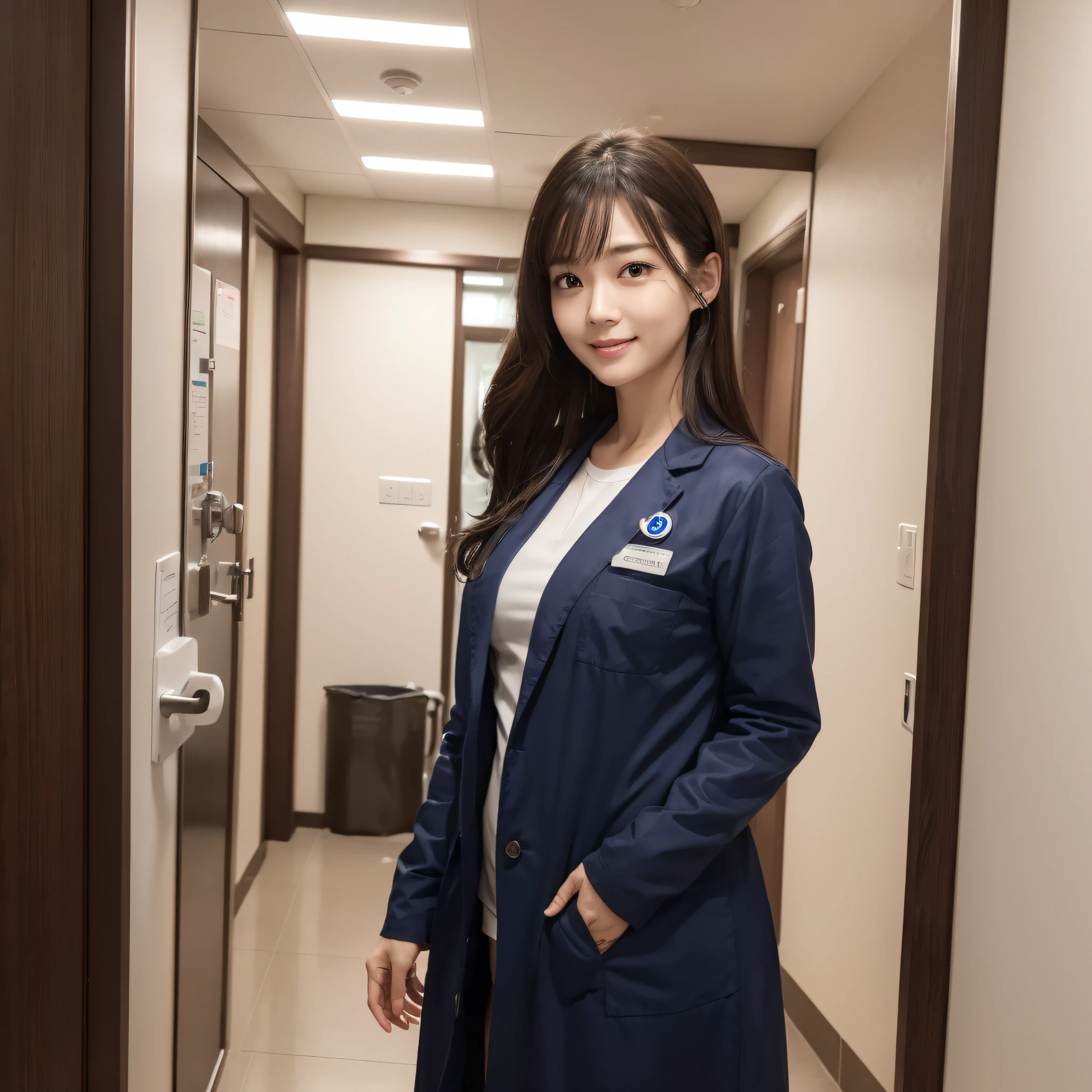 One Nurse Woman、((best qualtiy、8k masterpieces:1.3))、foco nítido:1.2、(ultra beautiful faces:1.0)、(shinny skin:1.0)、photos realistic、A dark-haired、Video Lighting、High-definition eyes and face、Video Lighting、Japan Idol Actress、from the front side、medium breasts、Smile、Slender Abs Beauty、Whole body、Wearing a white coat、at hospital