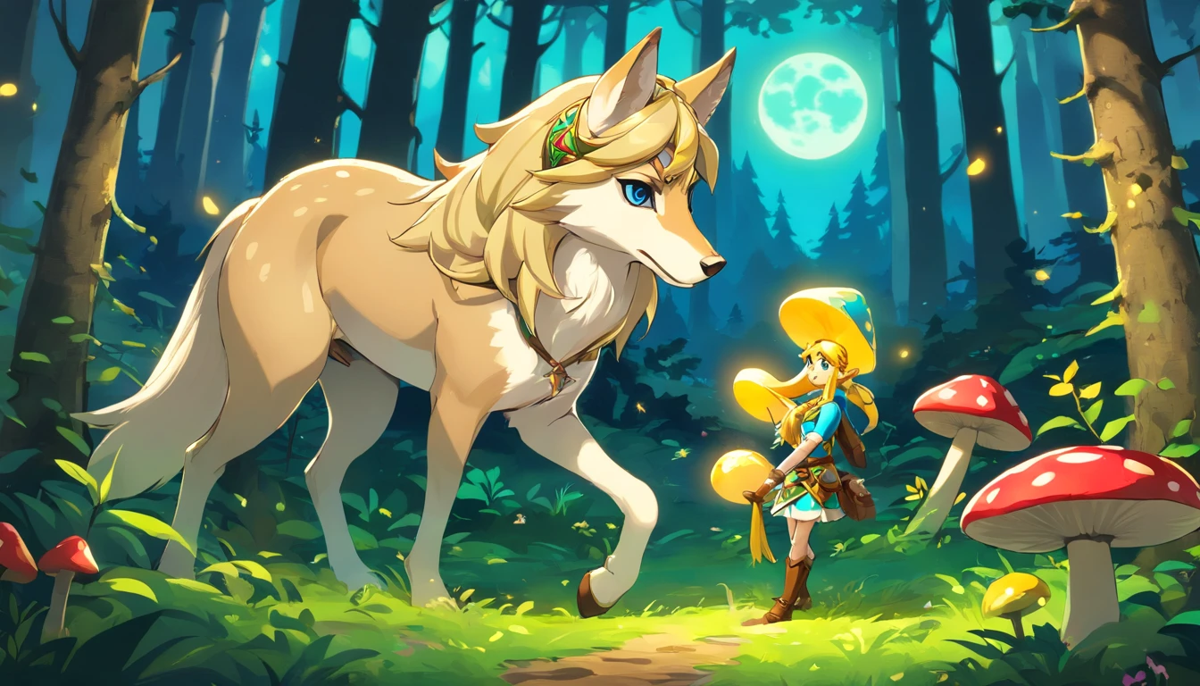 zelda with withetail 
on his head, pick luminous mushrooms, spy by a gray wolf, in a forest, 
a bright moon