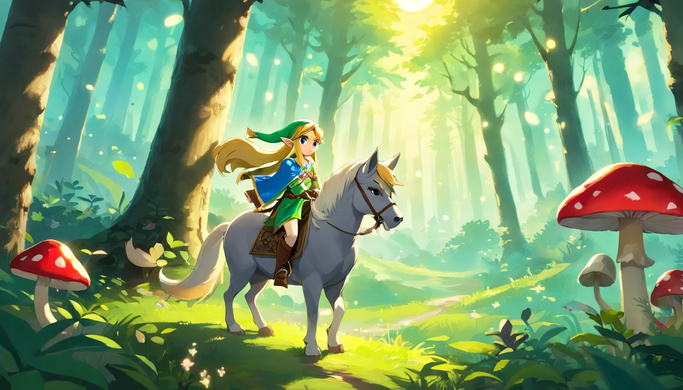 zelda with withetail 
on his head, pick luminous mushrooms, spy by a gray wolf, in a forest, 
a bright moon
