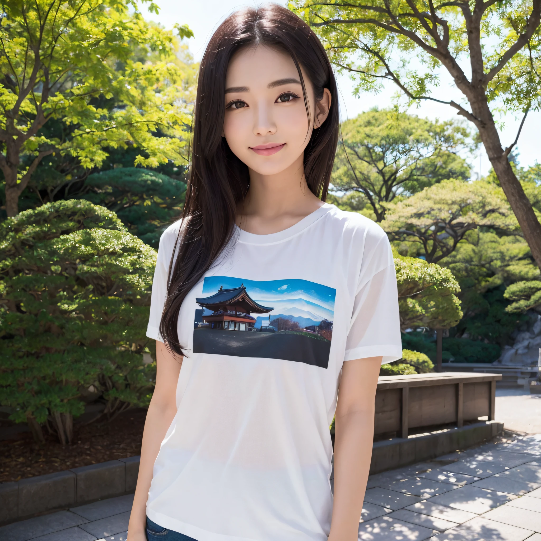 One beauty、((best qualtiy、8k masterpieces:1.3))、foco nítido:1.2、(ultra beautiful faces:1.0)、(shinny skin:1.0)、photos realistic、A dark-haired、Video Lighting、High-definition eyes and face、Video Lighting、25-year-old Japan actress、from the front side、medium breasts、Smile、Slender Abs Beauty、Whole body、Kanji for Japan「tenderness」Wearing a T-shirt、In the park in the morning