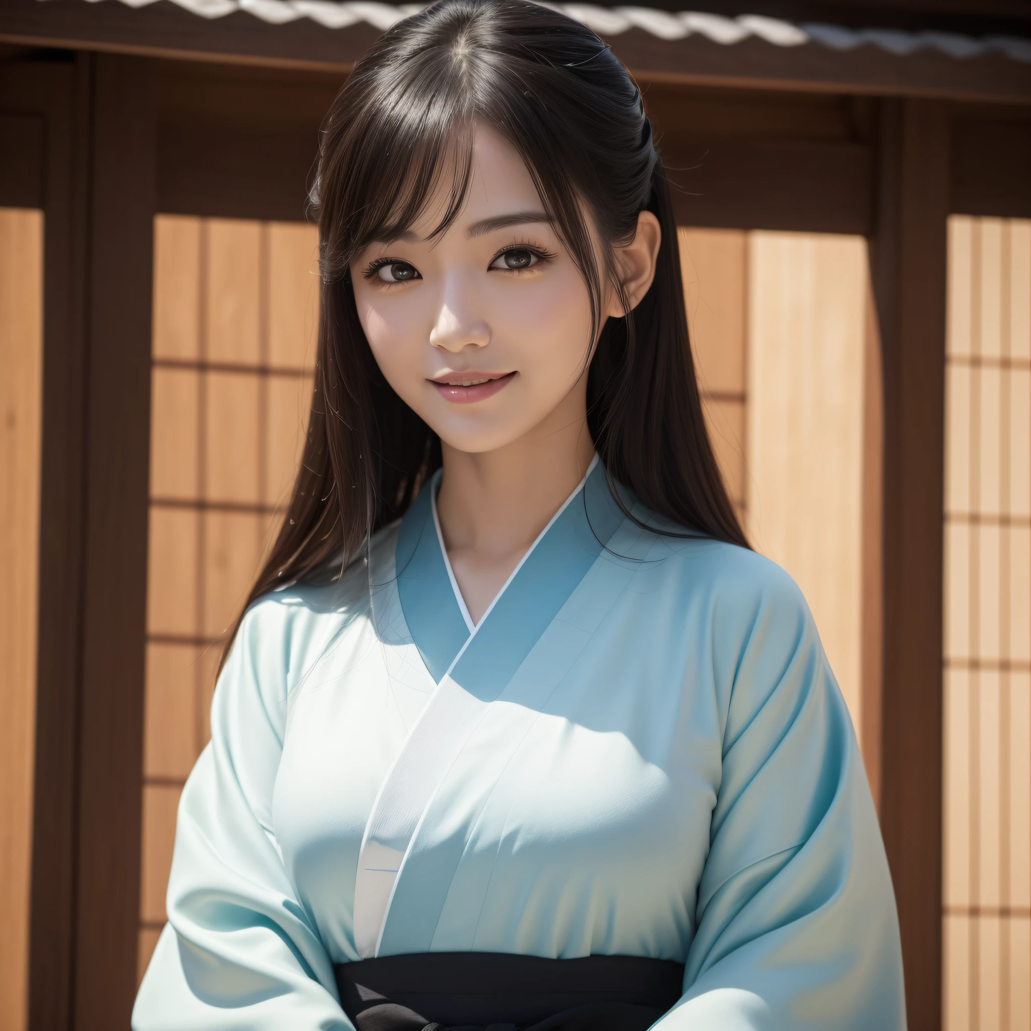 Woman in Kimono、((best qualtiy、8k masterpieces:1.3))、foco nítido:1.2、(ultra beautiful faces:1.0)、(shinny skin:1.0)、photos realistic、A dark-haired、Video Lighting、High-definition eyes and face、Video Lighting、Japan Idol Actress、from the front side、medium breasts、Smile、Slender Abs Beauty、Whole body、wearing kimonos、At the shrine in the early morning