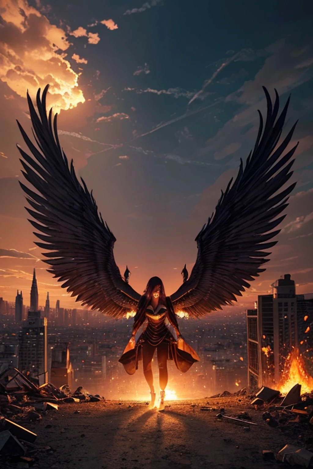 melhor qualidade, obra prima, ultra-high-resolution, (fotografia realista:1.4), surrealismo, Semelhante a um sonho,FusionArt, Female Evil Fallen Angel with Huge Wings of Fire Lying on the Ground, In an apocalyptic city on fire, staring at the camera, Magia das sombras, Darkness Control, segredo, Passagem da Sombra, Border spells, hidden blade. primeiro plano. retrato.