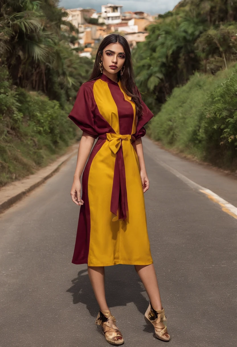fotografia de moda, fotografia corpo inteiro, Gordinho gorgeous androgynous indigenous PIJAO Colombia, cabelos longos e lisos, Slightly elongated head, head modification, um vestido Streetwear, streetwear, vestido midi com treis pregas na frente mangas nos ombros e gola tipo V, yellow gold and burgundy, Yellow gold and burgundy streetwear dress from the brand "Ele", "Ele" streetwear // SENÁRIO: lagoa, ao fundo o IBAGUE "Nevado del Tolima" Colombia, Pico nevado// Parecendo legal, iconic, destacado, publicidade moda, but relatable. hiper-realismo, Foto realista, Apenas fotografia, Sem escrever.