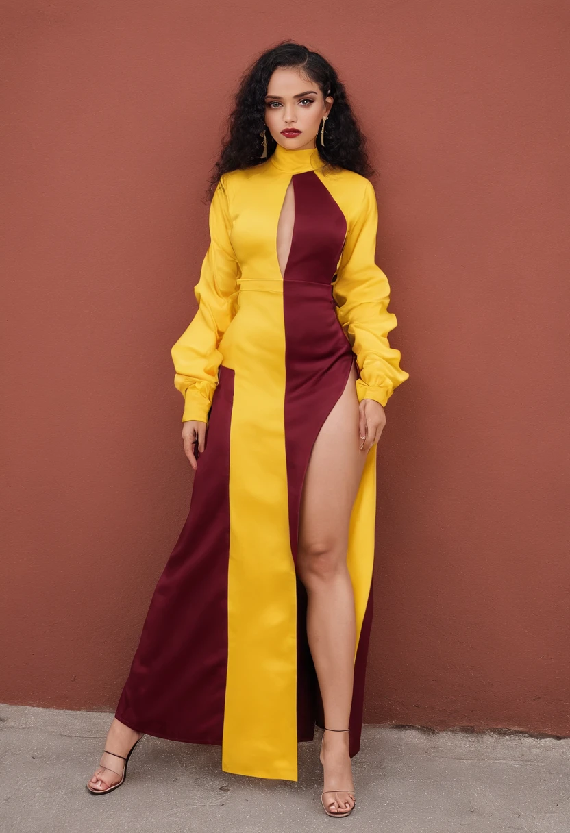 fotografia de moda, fotografia corpo inteiro, Gordinho gorgeous androgynous indigenous PIJAO Colombia, cabelos longos e lisos, Slightly elongated head, head modification, um vestido Streetwear, streetwear, vestido midi com treis pregas na frente mangas nos ombros e gola tipo V, yellow gold and burgundy, Yellow gold and burgundy streetwear dress from the brand "Ele", "Ele" streetwear // SENÁRIO: lagoa, ao fundo o IBAGUE "Nevado del Tolima" Colombia, Pico nevado// Parecendo legal, iconic, destacado, publicidade moda, but relatable. hiper-realismo, Foto realista, Apenas fotografia, Sem escrever.