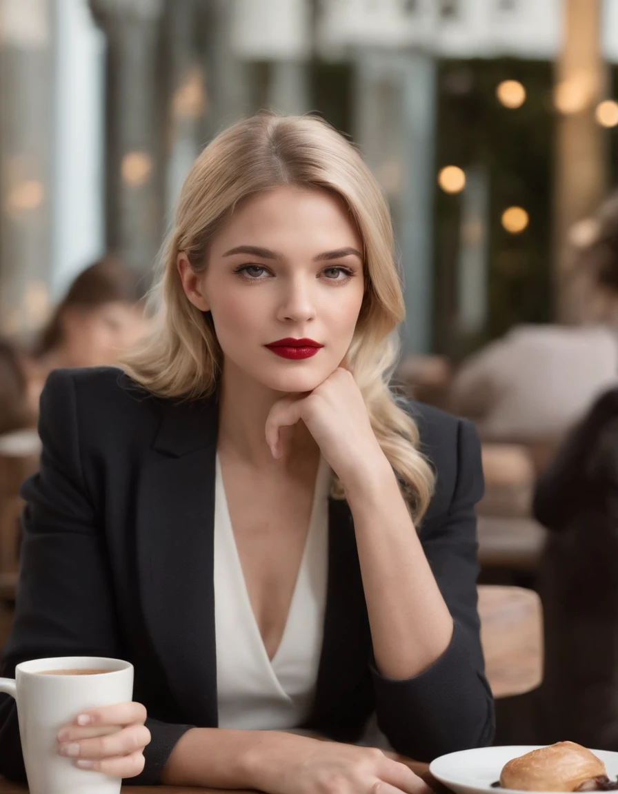 Fashion of the 2010s, medium close-up shot, Canon EF 85mm f/1.2L II USM, Blonde woman sitting with her coffee in a restaurant,(Put your hands under the table), with a black jacket and red lips, Emphasis on facial expressions, Street fashion