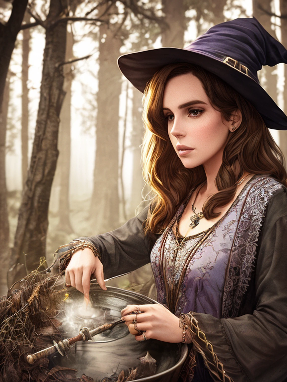 Lana del rey, witch, magic, forest, mystic, 8k, maximum detail, colorful, witch cauldron