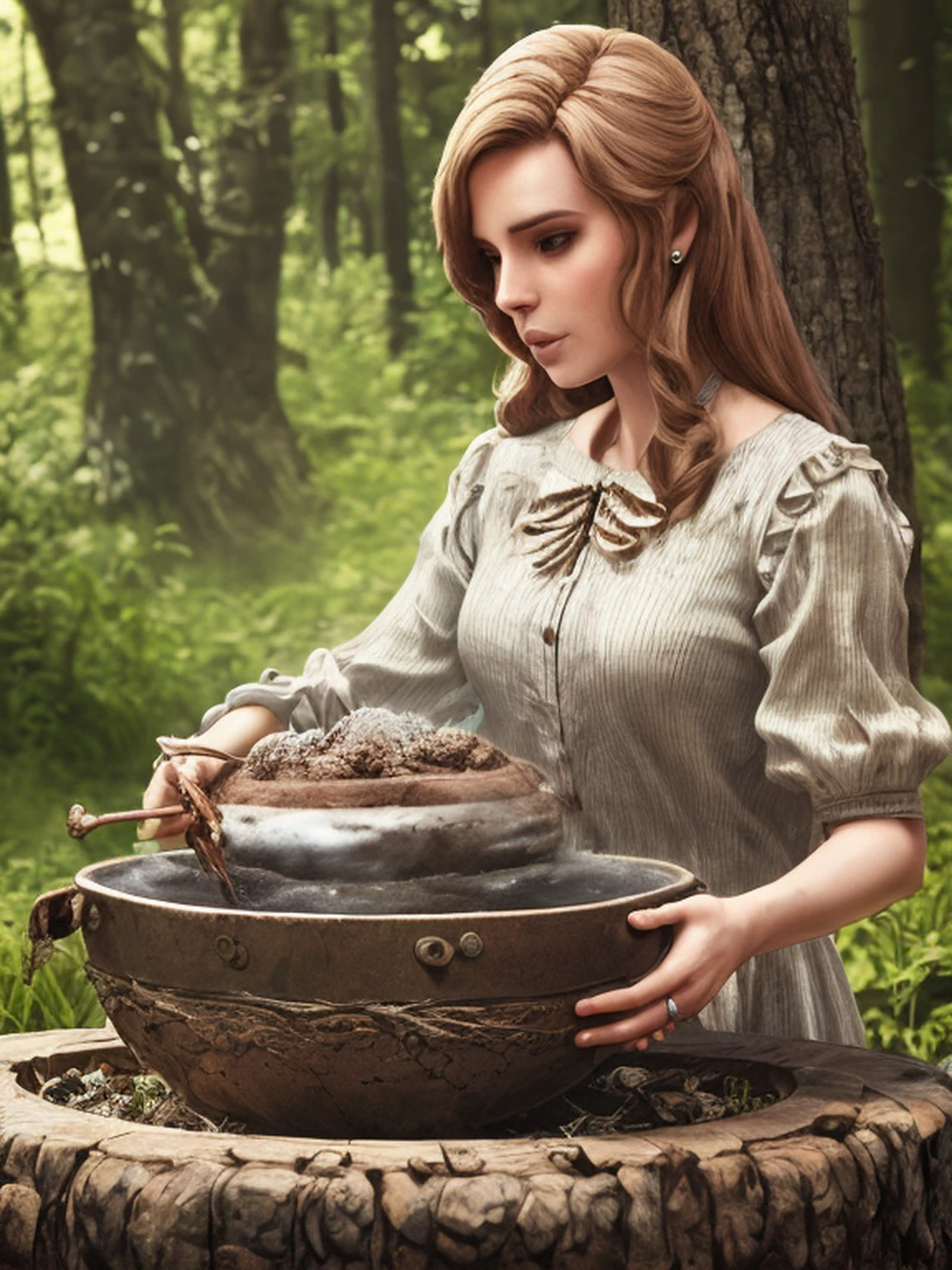 Lana del rey, witch, magic, forest, mystic, 8k, maximum detail, colorful, witch cauldron