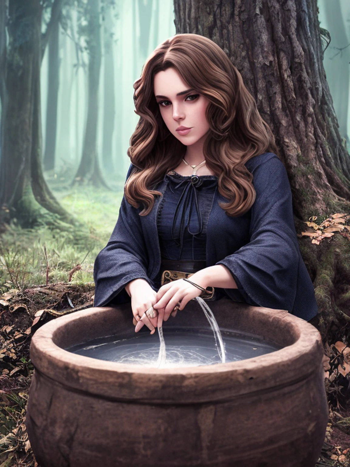 Lana del rey, witch, magic, forest, mystic, 8k, maximum detail, colorful, witch cauldron
