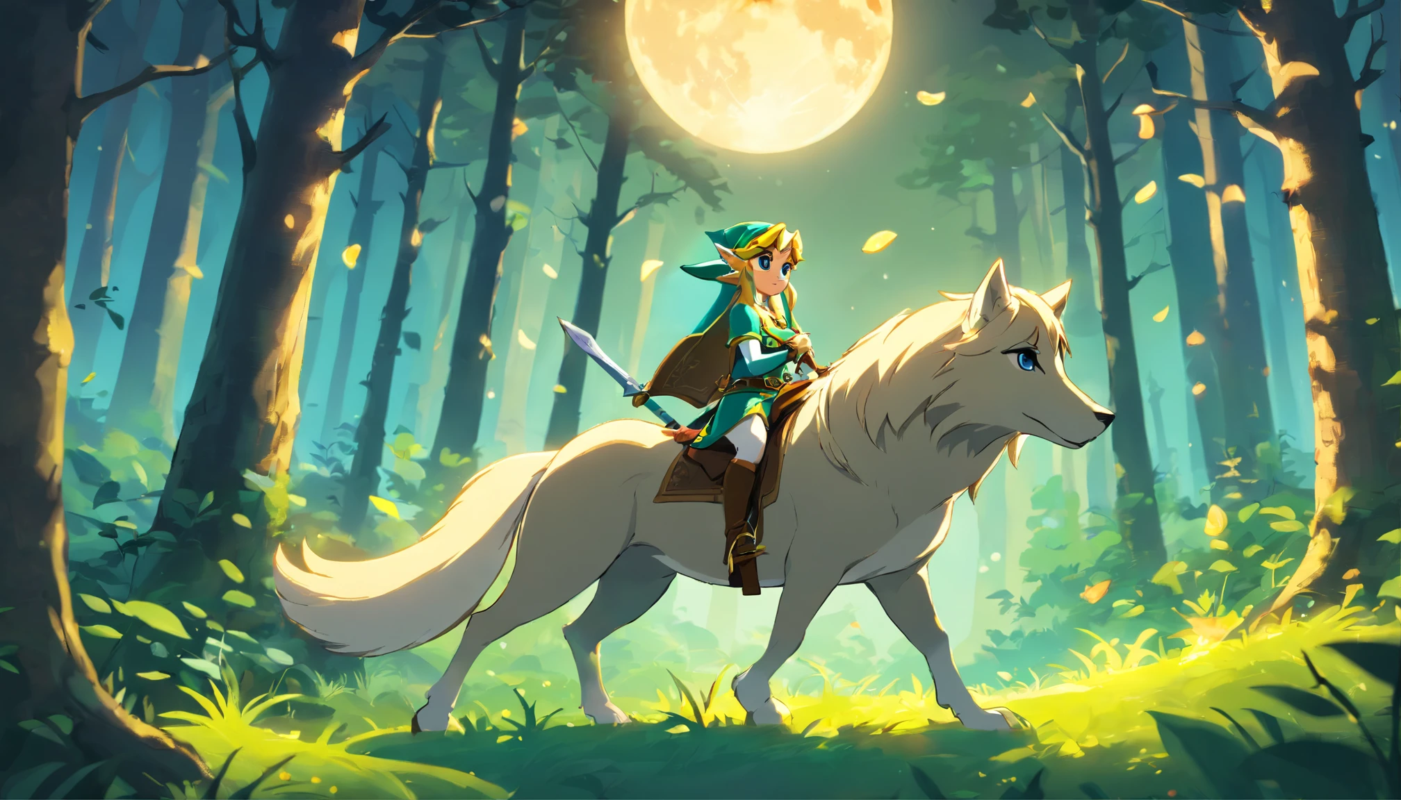 zelda with withetail
on his head, pick luminous mushrooms, spy by a gray wolf, in a forest,
a bright moon