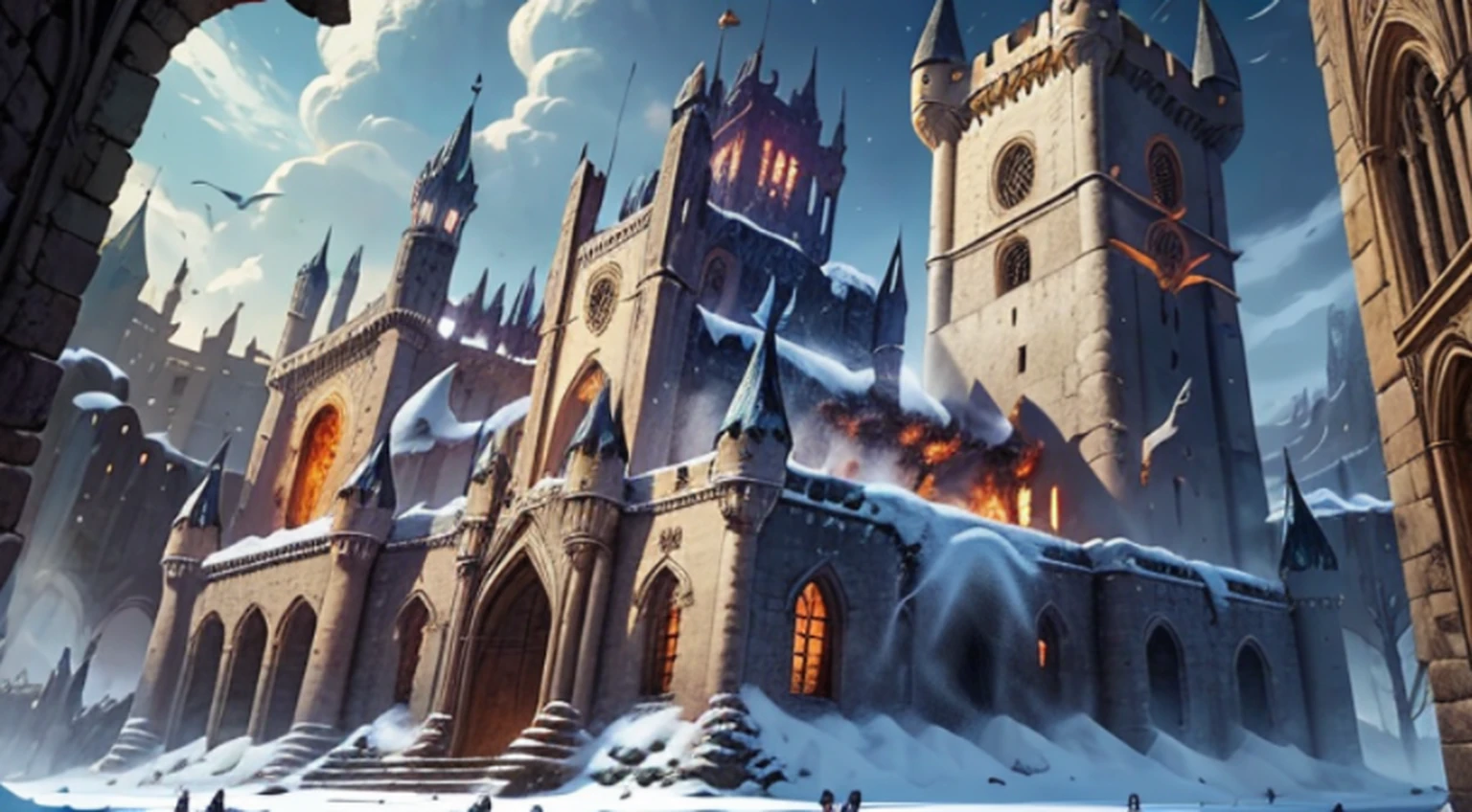 um grande castelo em uma colina com um fogo no meio, Uma cidade antiga em chamas, castle destroyed, ruins of hell, Ira, Flame and Ruin, dantes inferno, Arte conceitual de darksouls, Arte conceitual de Dark Souls, fundo do inferno, Dota! arte conceitual de pintura fosca, para arte conceitual de personagem de honra, Hiper-realista D & d fantasy art, arte do jogo de fantasia medieval --auto --s2