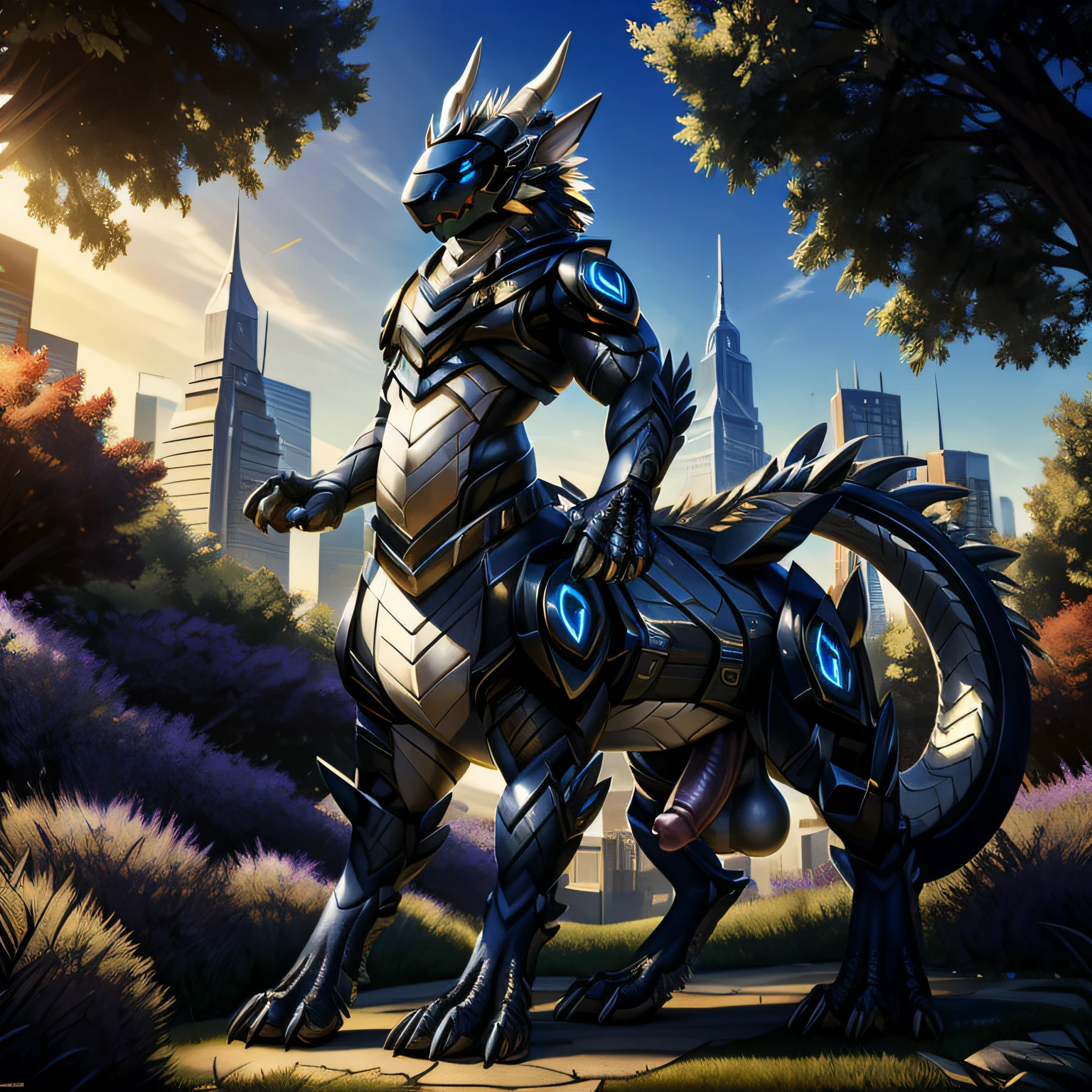 (masterpiece:1.2, best quality:1.2, 2D:1.2, sharp:1.2), (hotify), perfect anatomy, perfect eyes, perfect background, (solo, full body shot), (morning_environment), (park), beautiful shadows and lights, volumetric lights, dragonborn, taur, protogen visor, protogen face, tail, paws, claws, horns, white fur with black and gold elements on body, blue eyes, deep gold skin, nsfw, huge ass, massive penis, erection, massive testicles, testicles, male, exposed stomach