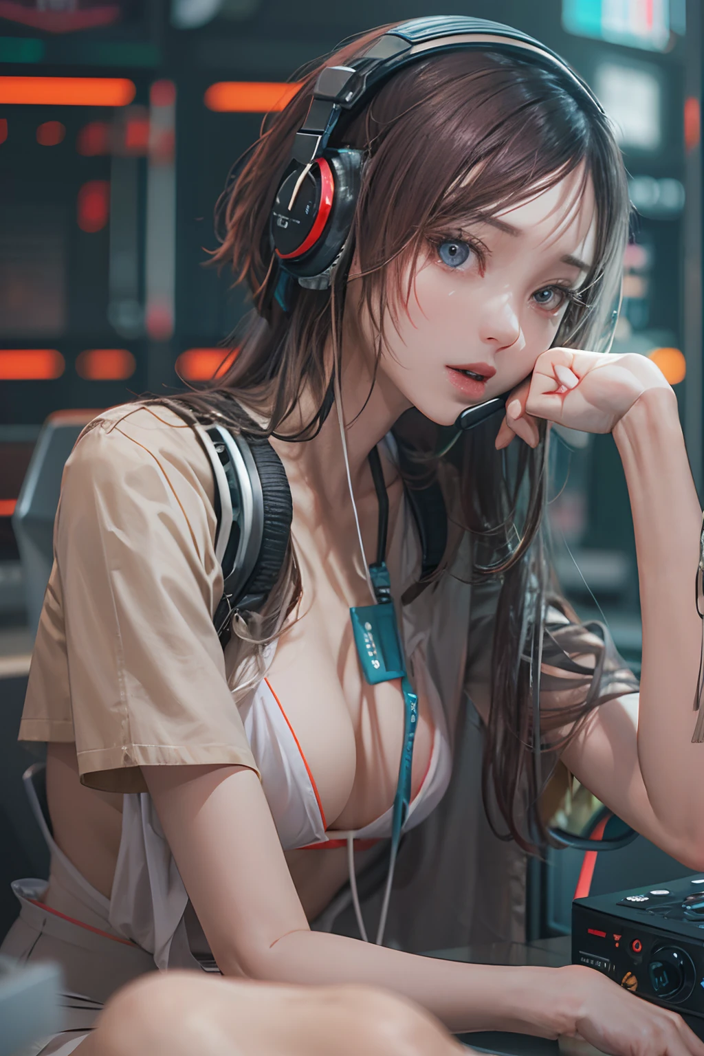 ​masterpiece, 1 beautiful girl, Detailed eye, Swollen eyes, top-quality, 超A high resolution, (reality: 1.4), 电影灯光, japanes, a asian beauty, very extremely beautiful, Beautiful skins, A slender, Forward-facing body, (A hyper-realistic), (hight resolution), (8K), (ighly detailed), ( Best Illustration), (beautifully detailed eyes), (ultra-detailliert), 详细的脸, Bright lighting, Professional Lighting、The background is a cyberpunk room with many monitors.......、The cord is connected from the costume、Long Hair Color Pink、headset on head、small tattoo on face、Female DJ、gazing at viewer