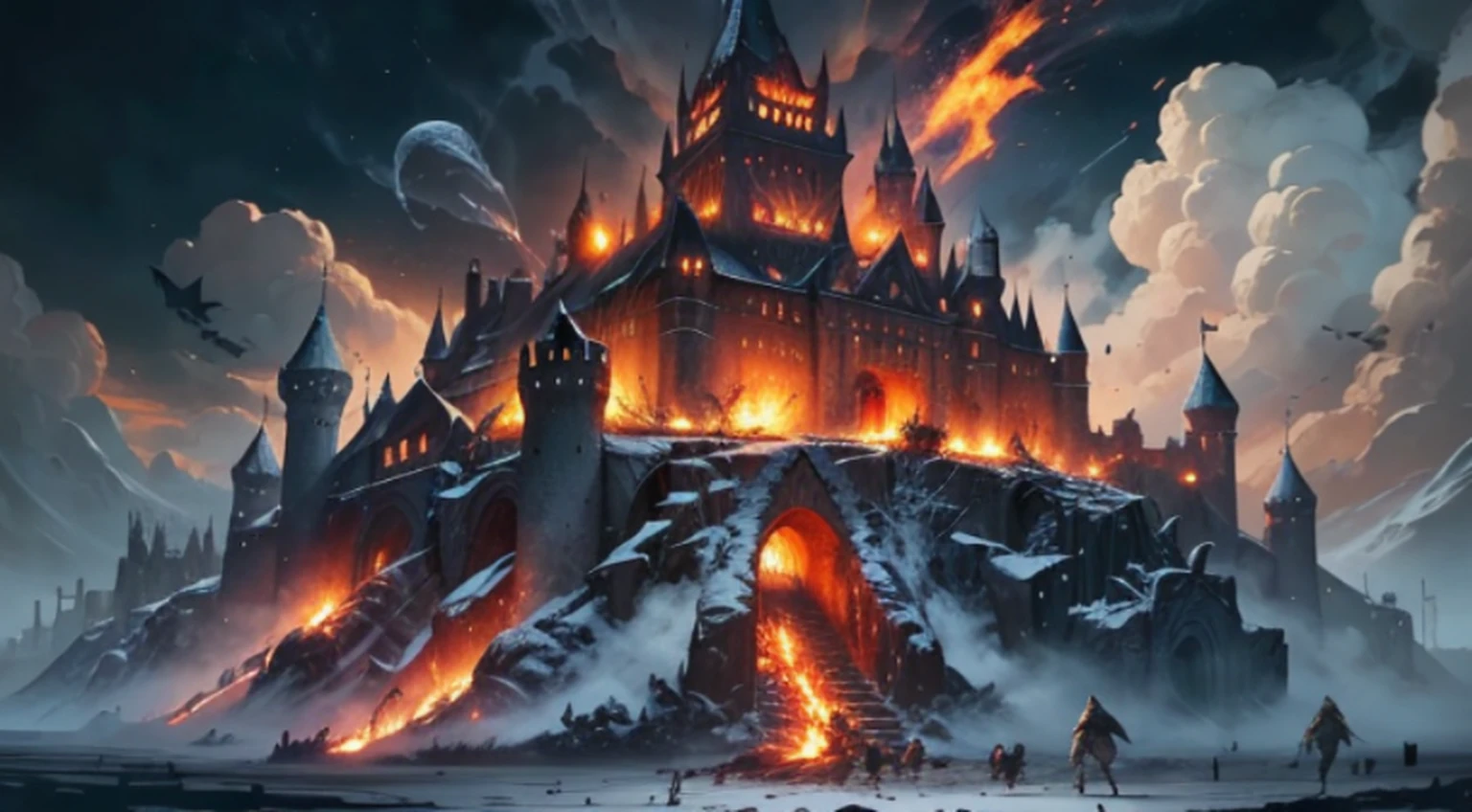 um grande castelo em uma colina com um fogo no meio, Uma cidade antiga em chamas, castle destroyed, ruins of hell, Ira, Flame and Ruin, dantes inferno, Arte conceitual de darksouls, Arte conceitual de Dark Souls, fundo do inferno, Dota! arte conceitual de pintura fosca, para arte conceitual de personagem de honra, Hiper-realista D & d fantasy art, arte do jogo de fantasia medieval --auto --s2