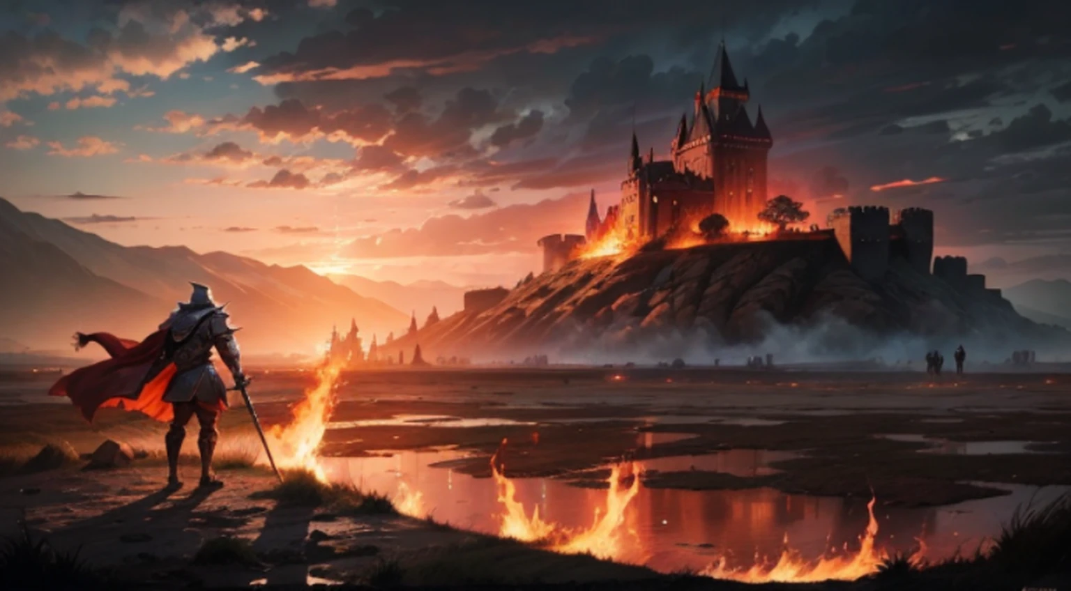 A knight stands in the midst of a battlefield, the sky afire with the burning of a castle in the background, the rain and mud creating a desolate landscape. --auto