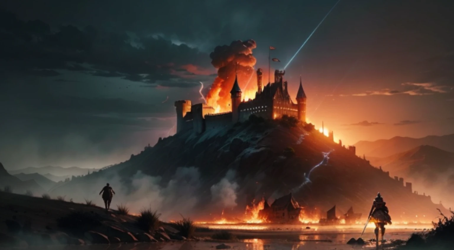 Effel tower being destroyed by a dragon with flame of fire flame with background of a falling castle surrealism 8k