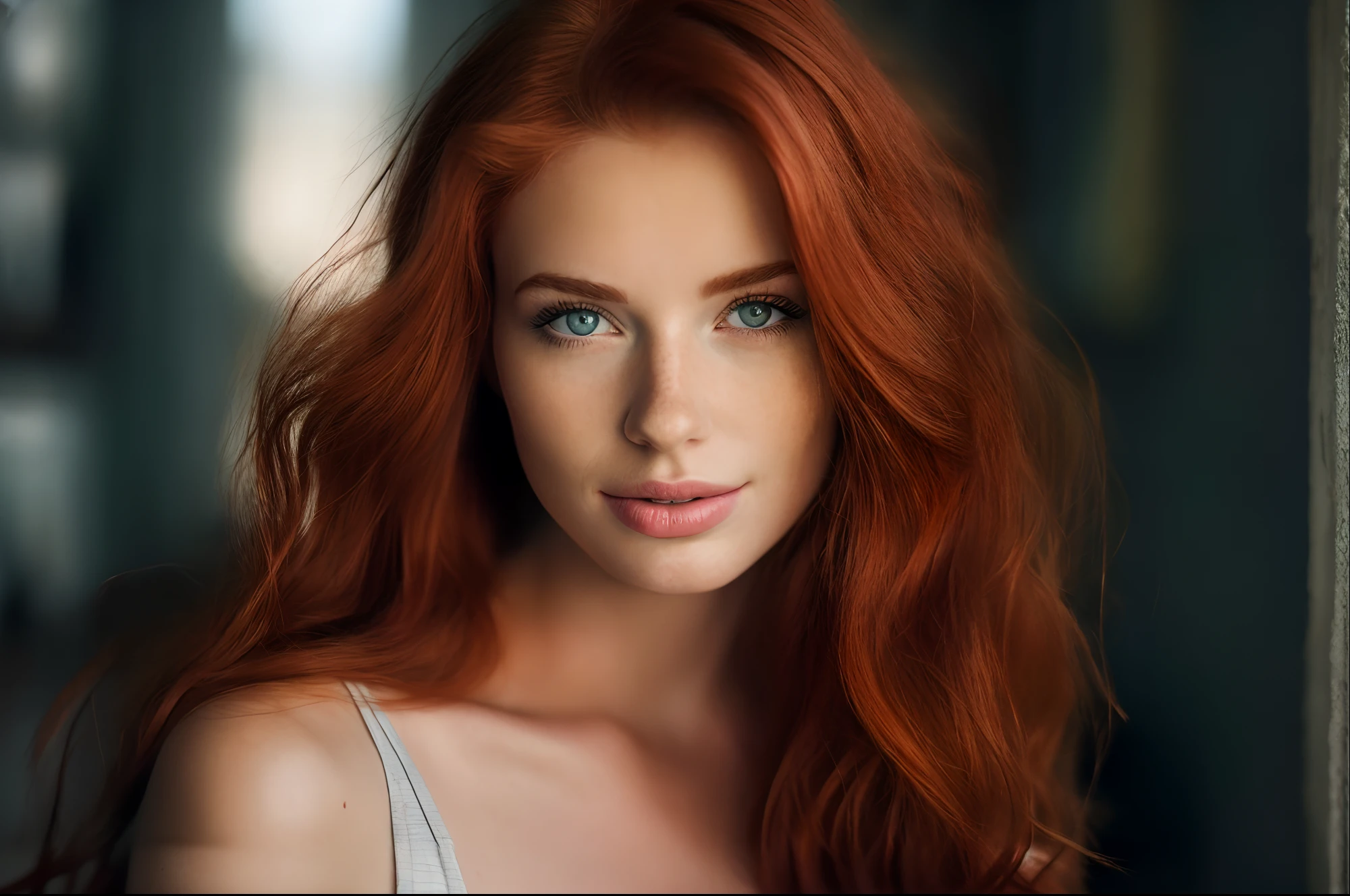 (close-up editorial photo of 40 yo woman, ginger hair, slim American sweetheart), (freckles:0.8), (lips parted), realistic brown eyes, POV, realistic[:, (film grain, 25mm, f/1.2, dof, bokeh, beautiful symmetrical face, perfect sparkling eyes, well defined pupils, high contrast eyes, ultra detailed skin, skin pores, vellus hair, fabric stitching, fabric texture, wood grain, stone texture, finely detailed features:1):0.9]