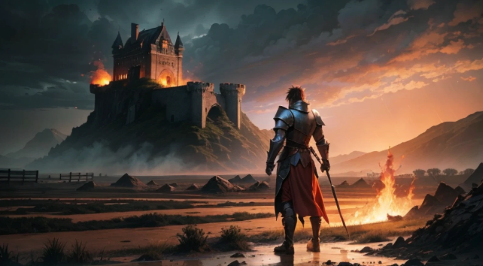 A knight stands in the midst of a battlefield, the sky afire with the burning of a castle in the background, the rain and mud creating a desolate landscape. --auto