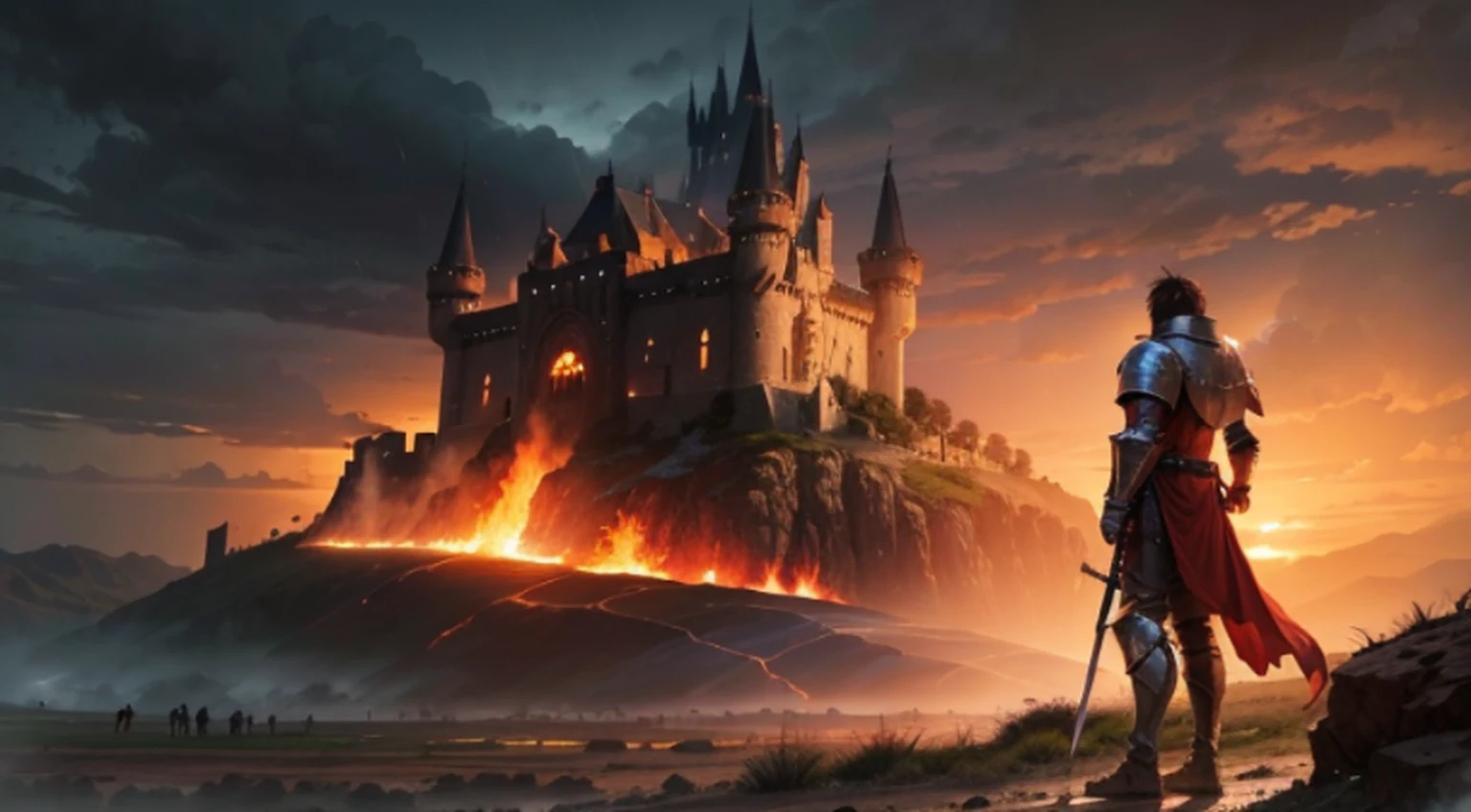 A knight stands in the midst of a battlefield, the sky afire with the burning of a castle in the background, the rain and mud creating a desolate landscape. --auto