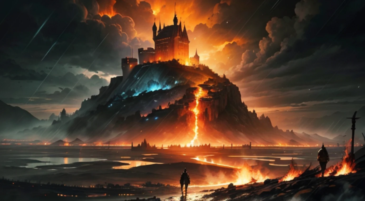 A knight stands in the midst of a battlefield, the sky afire with the burning of a castle in the background, the rain and mud creating a desolate landscape. --auto