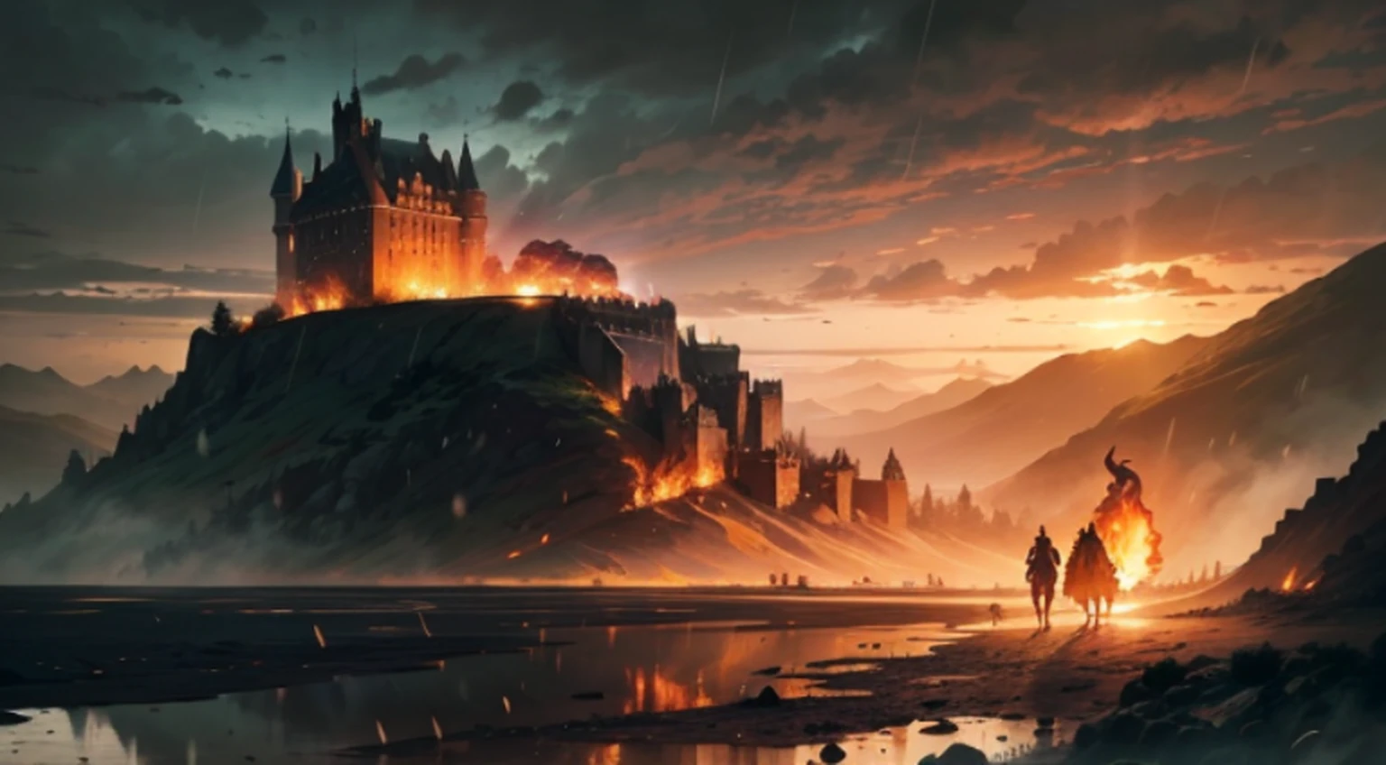 A knight stands in the midst of a battlefield, the sky afire with the burning of a castle in the background, the rain and mud creating a desolate landscape. --auto
