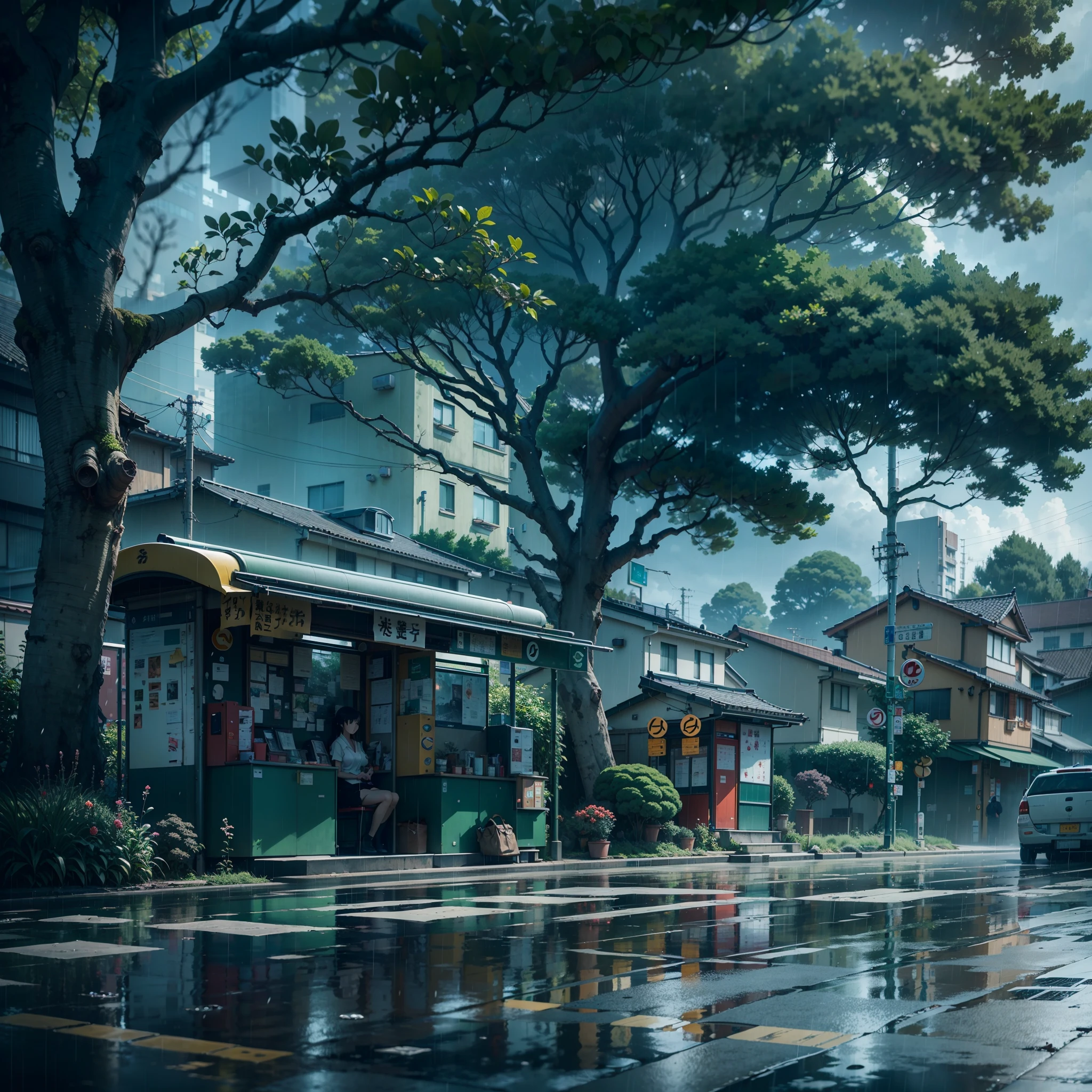 raining, gloomy weather. Japanese bus stop, surrounded by trees and vegetation on one side of the street and modern japanese buildings on the other side. Best quality. No one in sight. Anime. Anime style. lofi. dramatic weather. wide view, wide angle. Next to street. Modern village