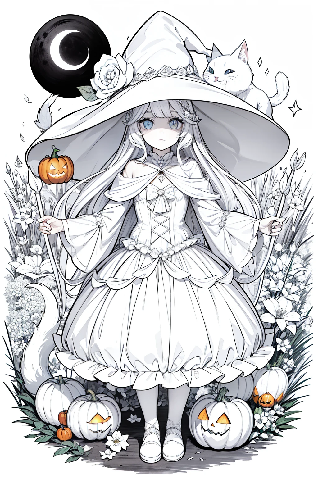 obra prima, superlativo, White cat with white witch hat and white eyes, somente, Dia das Bruxas bonito , Halloween White Pumpkin, fundo do desenho da linha da flor, fundo branco, monocromatic, desenho de linha, ((esquete)), assustador, Gato Branco
