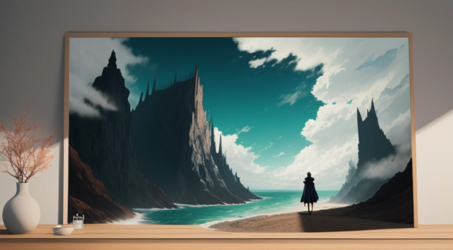Kurosaki Ichigo no universo do trevo negro com sua espada bankai lutando contra Aizen, ao fundo uma paisagem verde e ao lado mais ao fundo um castelo, besides that the landscape is a bit cloudy and it is seen how Kurosaki Ichigo has the upper hand in the fight, ao fundo na pequena Asta chegando olhando para a frente esperando e admirando a luta.