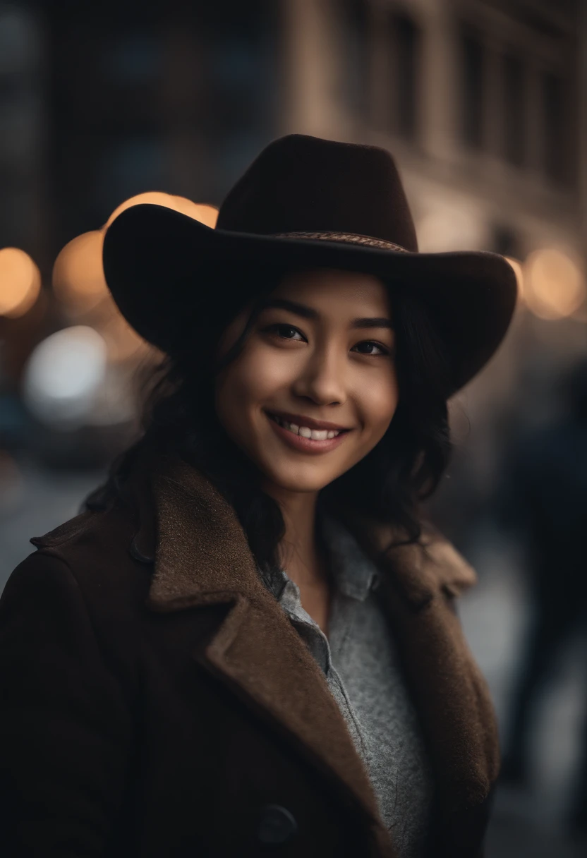 (morning), 1girl, 独奏, looking at viewert, winter, cowboy shot, (downtown), cowboy shot, smile, black hair