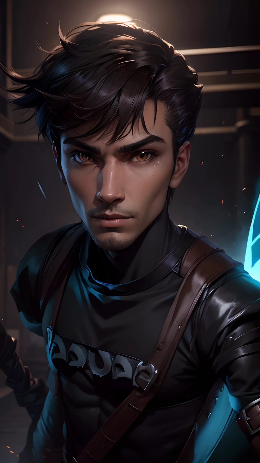 Animation shadow rogue, man, rpg, shadow power, shades of black, brown eyes, brown hair, rogue armor,