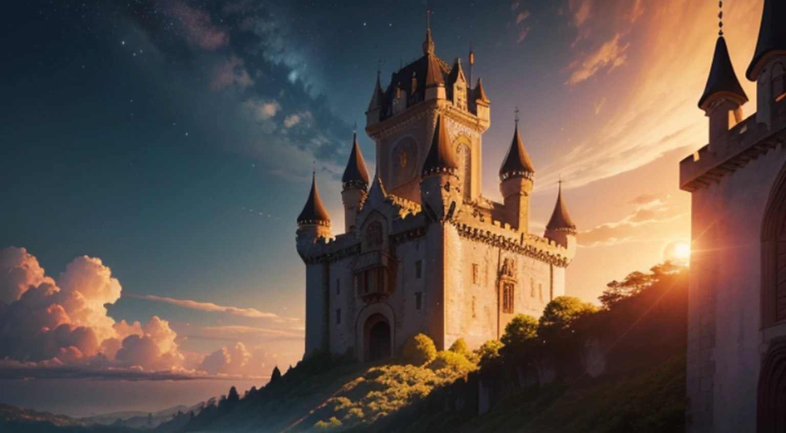 (master part),(melhor qualidade:1.0), (Ultra High Definition:1.0), Detailed illustration, entardecer, por do sol, floresta, detailed sky, (Castelo Gigante Misterioso), (hunter watching the castle), imagem de profundidade