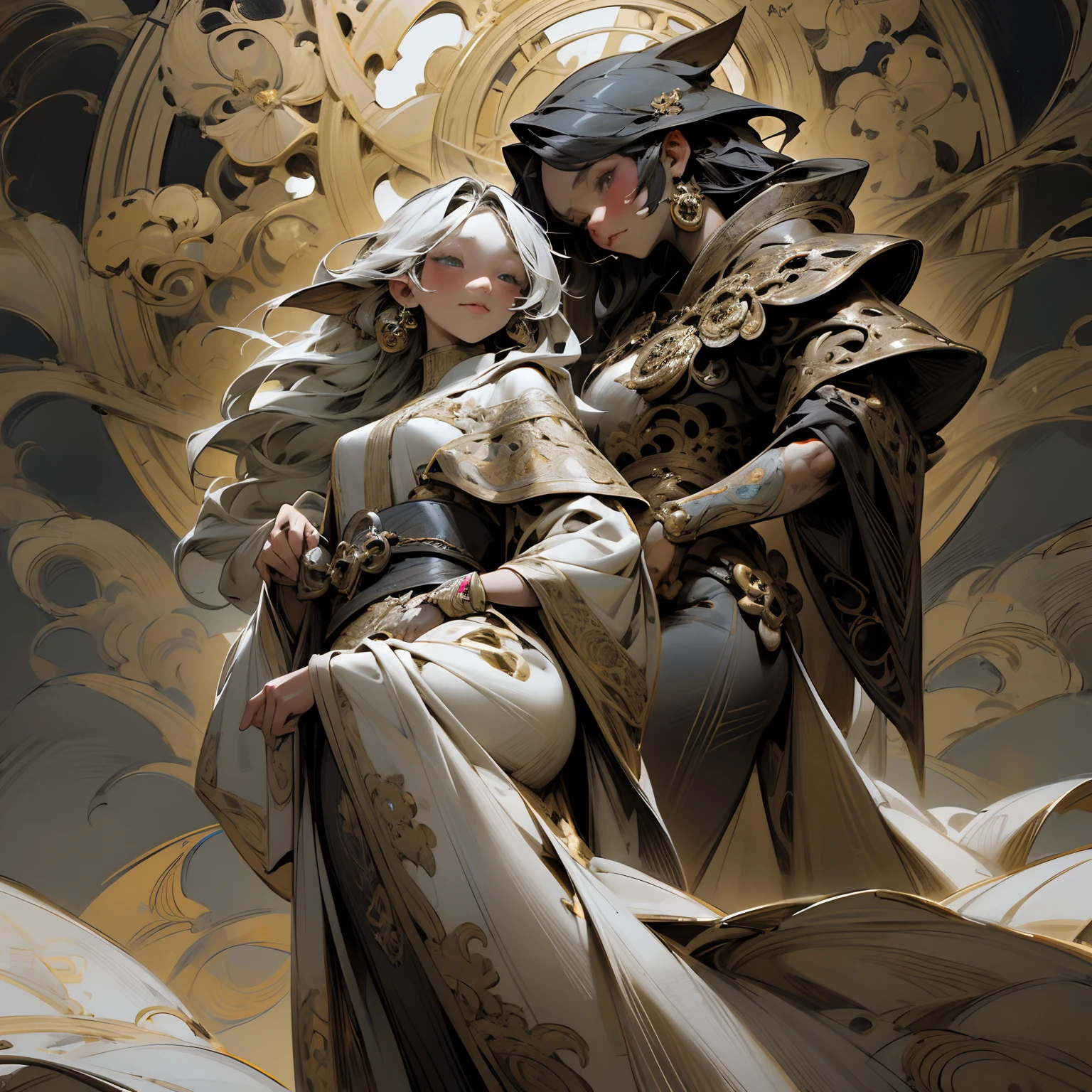 Painting of two women with long hair and a clock, Beautiful line art, black and white line art, Beautiful line art, Very fine ink strokes, high detailed official artwork, Black Line Art on White, artwork,Does not drain black, Coloring Book, highly detailed exquisite fanart, Black ink strokes, Fantasy Fan Art, By Yoshihiko Wada, Anime Art Nouveau Universe Show,Art by Alphonse Mucha ,draft,Only character lines and scenes remove color..., Not shadows.,(master-piece, beste-Qualit, highres:1.4), Detailed, intricate detailed, 10, color splashes, line art, Fibonacci,