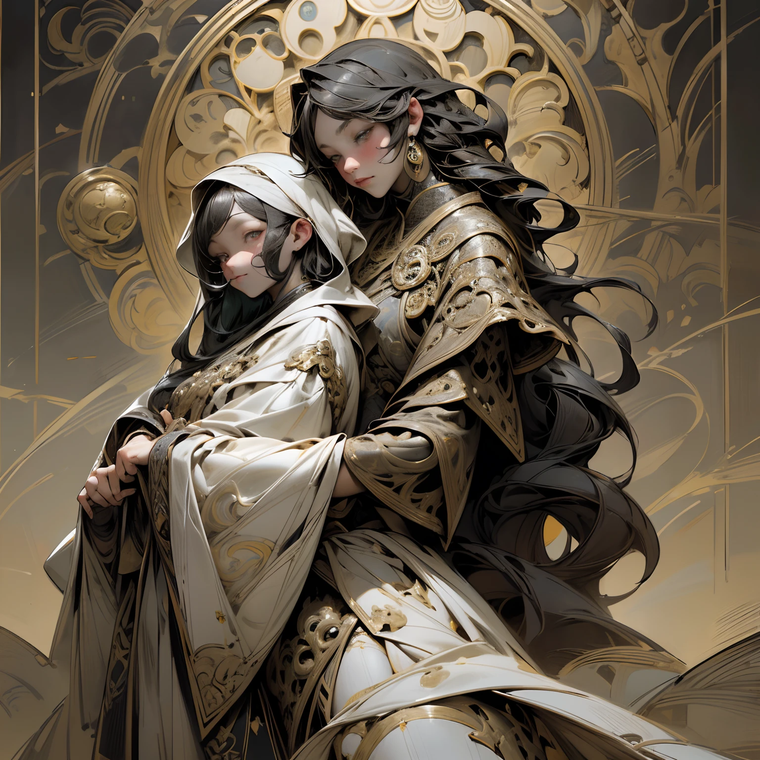 Painting of two women with long hair and a clock, Beautiful line art, black and white line art, Beautiful line art, Very fine ink strokes, high detailed official artwork, Black Line Art on White, artwork,Does not drain black, Coloring Book, highly detailed exquisite fanart, Black ink strokes, Fantasy Fan Art, By Yoshihiko Wada, Anime Art Nouveau Universe Show,Art by Alphonse Mucha ,draft,Only character lines and scenes remove color..., Not shadows.,(master-piece, beste-Qualit, highres:1.4), Detailed, intricate detailed, 10, color splashes, line art, Fibonacci,