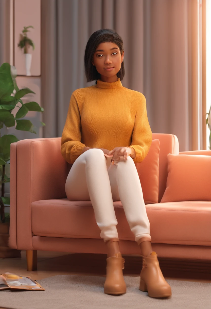 1girl,sitting on a cozy couch,crossing legs,soft light