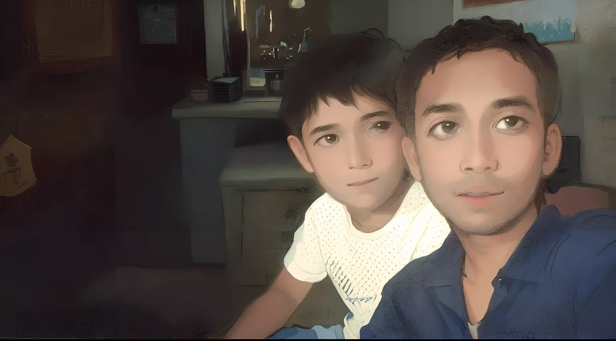 there is a man and a boy sitting together in a room, with a , facebook post, very very low quality picture, old picture, at night time, ghutra and egal, very clear picture, candid picture, selfie photo, childhood friend, ayan nag, high quality upload, a picture, picture, taken with the best dlsr camera, portait image